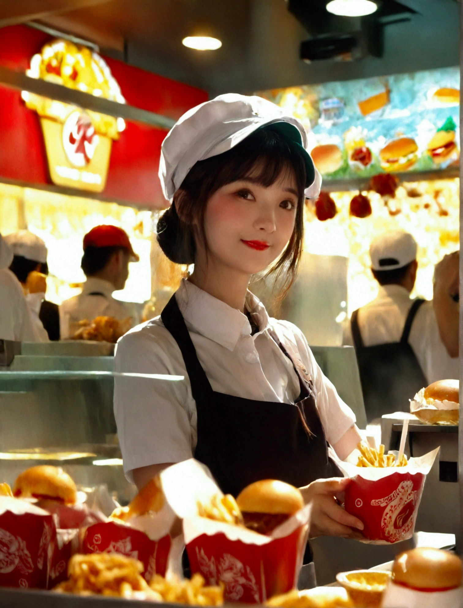 Beautiful McDonald's Employee:

In a striking red and yellow uniform, a radiant young woman stands, showcasing her radiant smile. Her skin is naturally glowing, highlighting her youthful charm. She adopts a poised pose, exuding confidence and warmth. This image is of the highest quality, a true masterpiece in digital art, worthy of being an NFSW 8K wallpaper. The details are astonishing, from the intricate patterns on her uniform to the individual strands of her wavy, honey-blond hair. The background is simple, allowing her to truly stand out. This is an Official art, meticulously crafted in Unity, showcasing an
