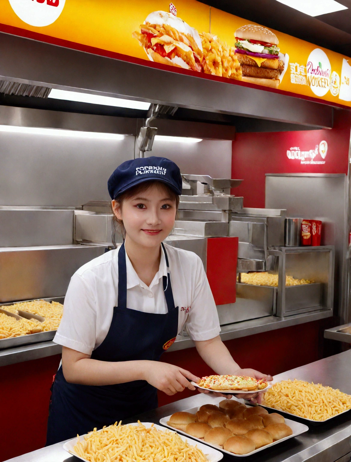 Beautiful McDonald's Employee:

In a striking red and yellow uniform, a radiant young woman stands, showcasing her radiant smile. Her skin is naturally glowing, highlighting her youthful charm. She adopts a poised pose, exuding confidence and warmth. This image is of the highest quality, a true masterpiece in digital art, worthy of being an NFSW 8K wallpaper. The details are astonishing, from the intricate patterns on her uniform to the individual strands of her wavy, honey-blond hair. The background is simple, allowing her to truly stand out. This is an Official art, meticulously crafted in Unity, showcasing an