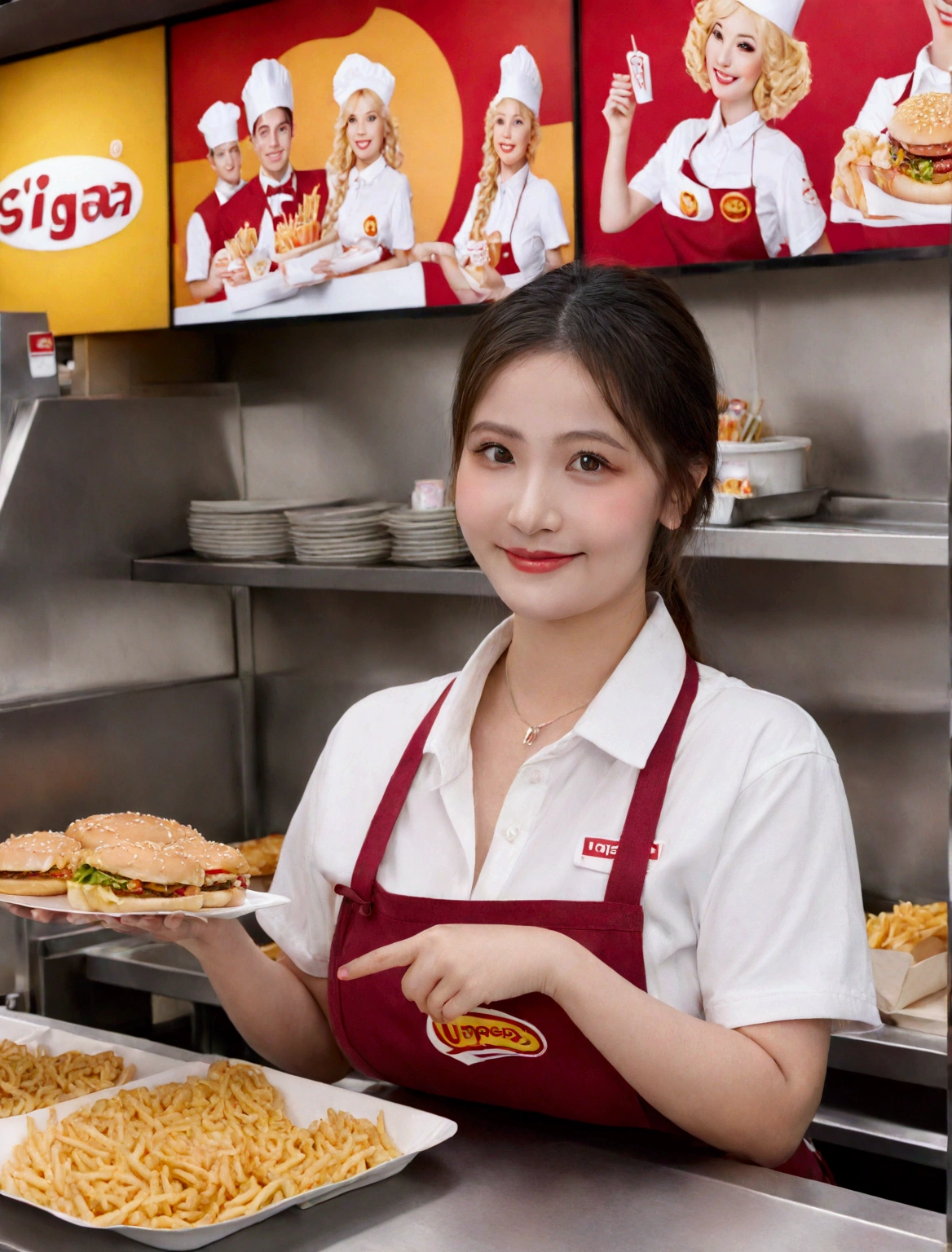 Beautiful McDonald's Employee:

In a striking red and yellow uniform, a radiant young woman stands, showcasing her radiant smile. Her skin is naturally glowing, highlighting her youthful charm. She adopts a poised pose, exuding confidence and warmth. This image is of the highest quality, a true masterpiece in digital art, worthy of being an NFSW 8K wallpaper. The details are astonishing, from the intricate patterns on her uniform to the individual strands of her wavy, honey-blond hair. The background is simple, allowing her to truly stand out. This is an Official art, meticulously crafted in Unity, showcasing an
