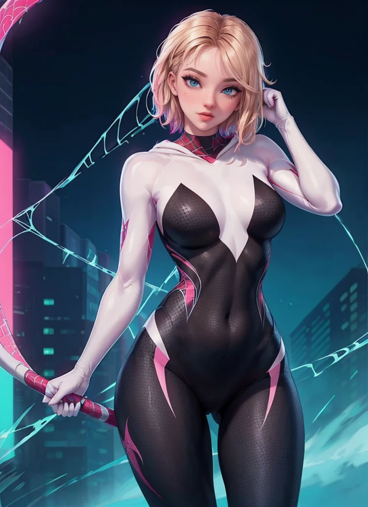 The prompt for Stable Broadcast is as follows:

Gwen-aranha,illustration,pose sexy,Altas,traje detalhado e musculatura,seios grandes, Athletic body, perfectly shaped buttocks, the ends of the hair are pink, cores vibrantes,facial expressions that exude confidence and allure,spider web pattern on costume,dynamic lighting,foco nítido,estilo anime,olhos brilhantes,quadris atraentes,cintura fina,Tall and fit build+pernas longas.