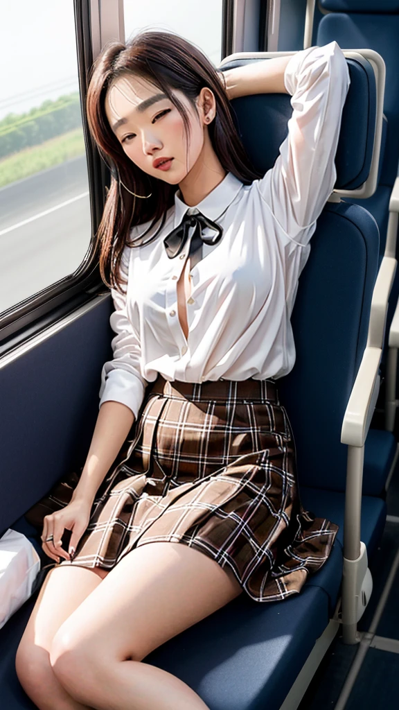 20-year-old women,,Clear images、Real women 、Brown Hair, Medium Hair〜Half-up、She is sleeping soundly with her mouth open.., Slim figure ,Breasts are a little bigger than normal , Head to toe full body shot, Shiny white high heels、 Blouse with ribbon on the chest、Checkered mini skirt, Sit comfortably in the back of the bus, 、私 threw my head back and fell into a deep sleep..,Arms hanging down. I'm exhausted on the way home after work..Sleeping like the dead.My knees are open, Both feet are on the floor, sleeping face, close your eyes, Mouth wide open and drool、Tilt your head back and look up, I can rest my head on the seat and sleep soundly..., Anatomically correct,Composition looking up from the front