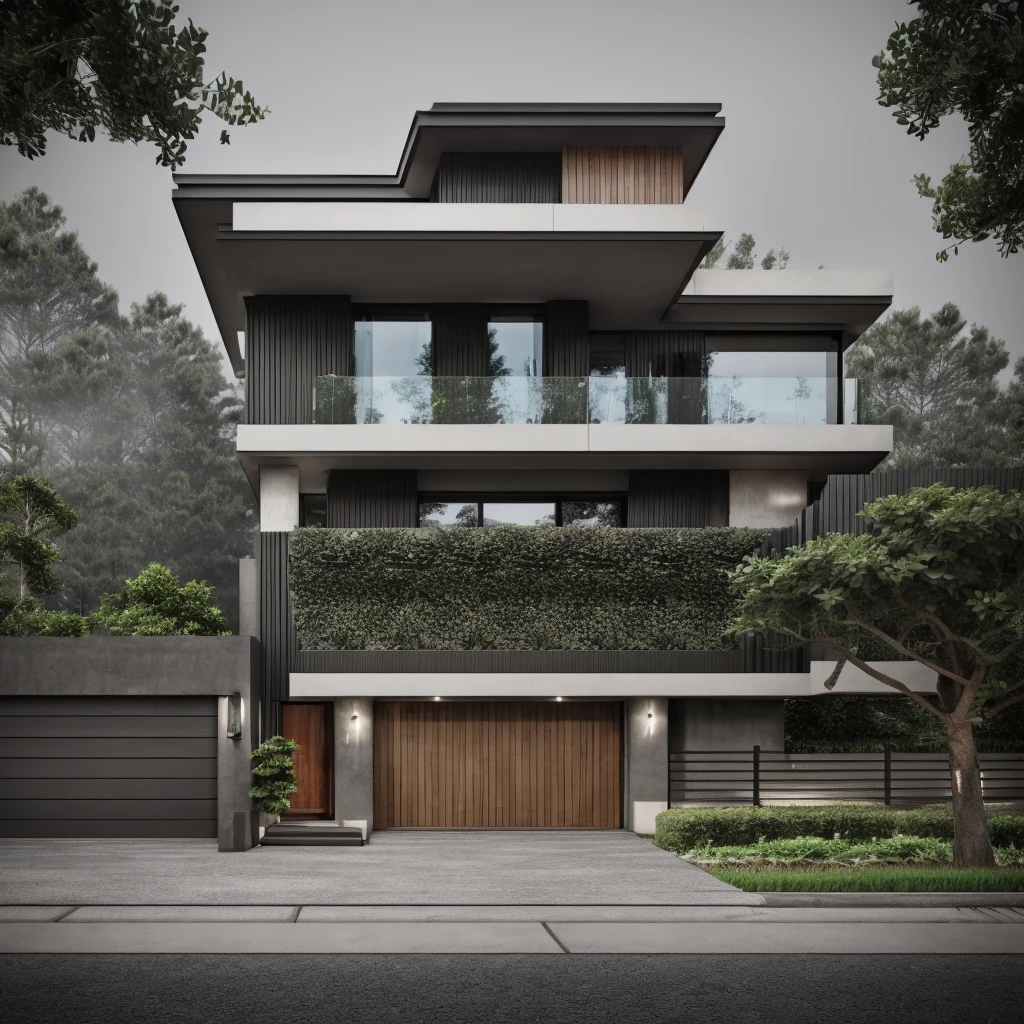 exterior of house, modern, townhouse, Modern house gate, minimalistic, the house is located in an urban area of Hanoi Vietnam, wall concrete gray and wood, facing the road, plant and tree, sidewalks, sidewalk trees, corona render, 3ds max, wide view, overcast sky, a moody foggy environment, sunny cinematic, natural light
