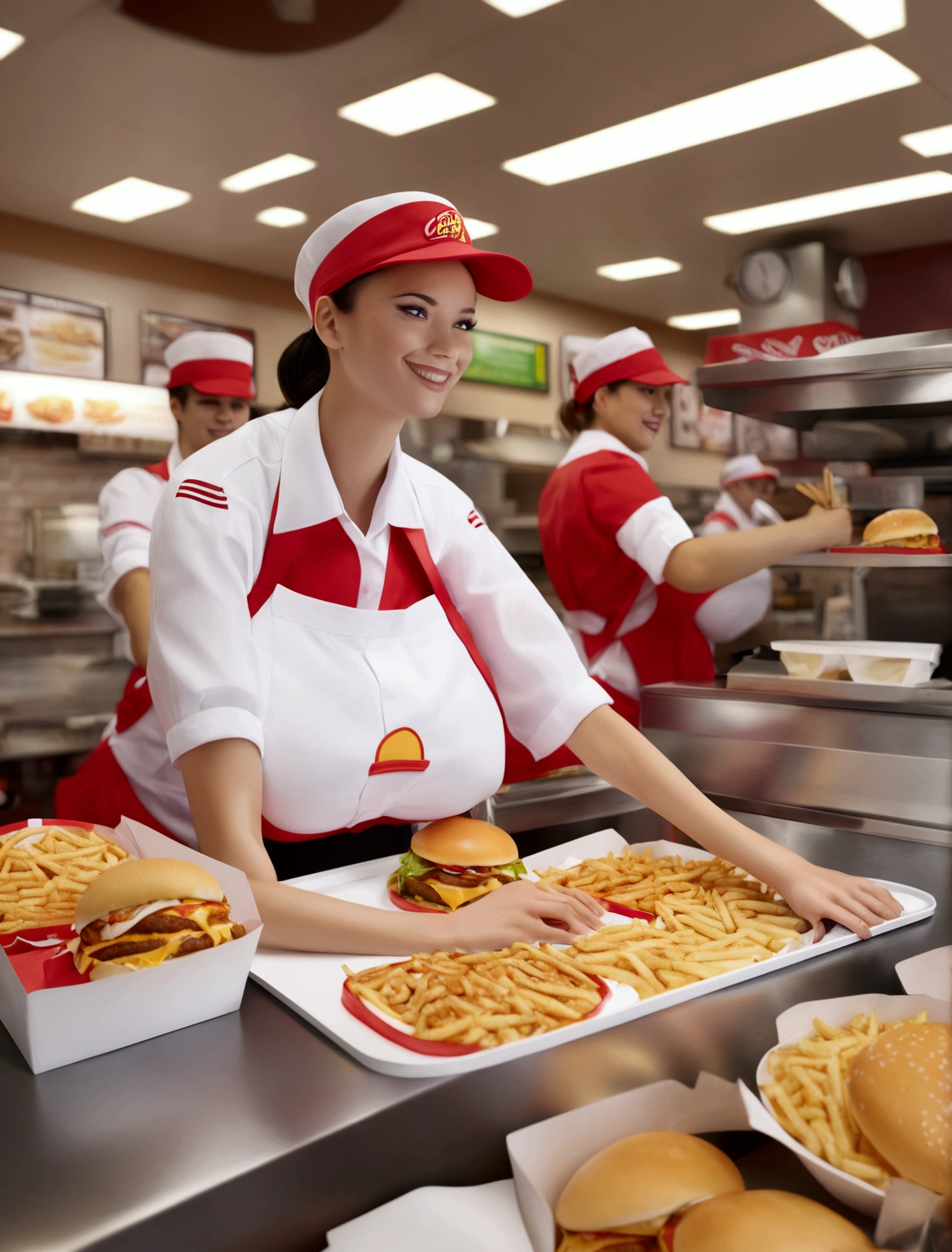 Beautiful McDonald's Employee:

In a striking red and yellow uniform, a radiant young woman stands, showcasing her radiant smile. Her skin is naturally glowing, highlighting her youthful charm. She adopts a poised pose, exuding confidence and warmth. This image is of the highest quality, a true masterpiece in digital art, worthy of being an NFSW 8K wallpaper. The details are astonishing, from the intricate patterns on her uniform to the individual strands of her wavy, honey-blond hair. The background is simple, allowing her to truly stand out. This is an Official art, meticulously crafted in Unity, showcasing an