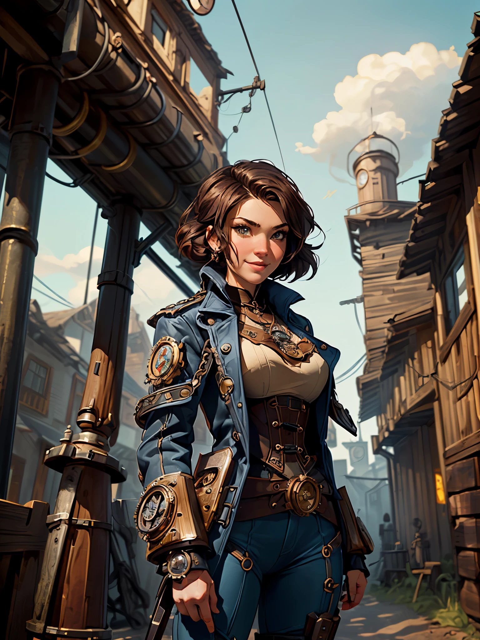 ((highest quality, 8k, masterpiece :1.3)), One girl, smile, (((Woman warrior:1.2, Detailed Weapons, Combat Uniform))), (((steampunk))), city, Crowded buildings, exposed gear and pipes, gear, (Thick Pipe), Covered Bridge, Gloomy Weather, chimney, Awkward mechanical device, irregular buildings,.,  sultry look, seductive,
