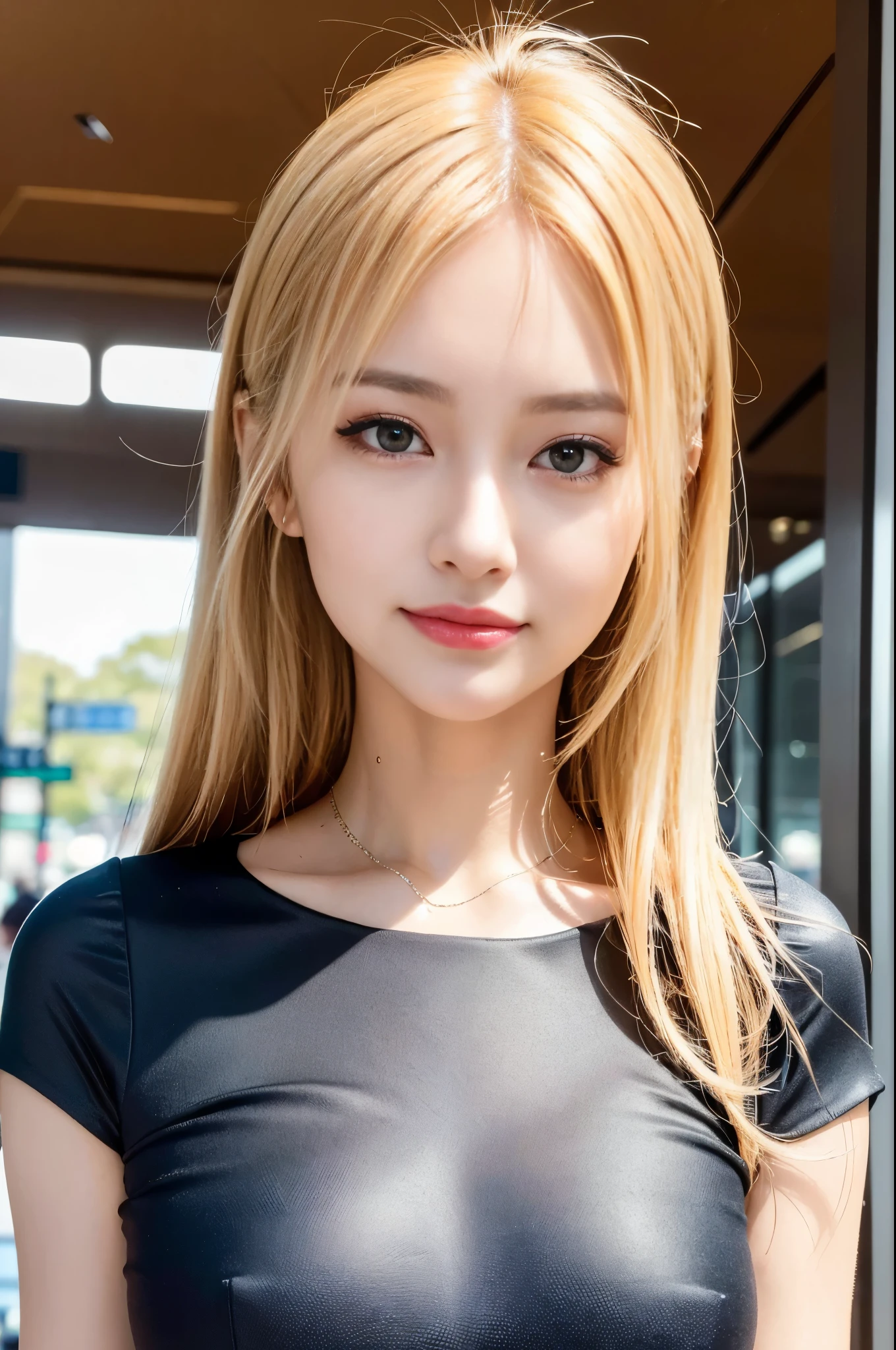 (best quality, 4k ,8k, highres, masterpiece:1.2), ultra-detailed, (realistic, photorealistic, photo-realistic:1.37), closeup, beautiful Italian woman, (slim girl), (happy smile), long lashes, beautiful makeup, platinum blonde hair, fair skin, slender figure, elegant posture, wearing large sparkling colorful jewelery, wearing a business style leather dress, standing in a large shopping mall, gentle sunlight shining through the shopping mall windows, casting a soft glow on her face, adding warmth to the scene, vibrant colors, capturing the essence of vibrant city life, portrait style, showcasing her natural beauty and grace in a feminine way