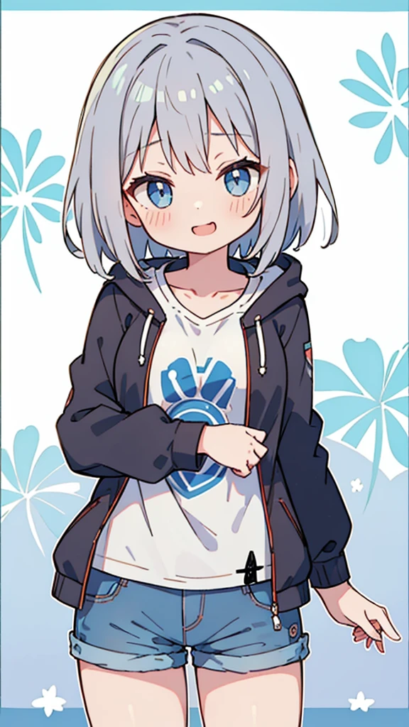 masterpiece、Very detailed、(One Girl:1.2)、Gray Hair、hoodie、Big eyes、Close-up、Laughter、、short hair、Gray shorts、(((Anime Style)))、Shining Eyes、Open your mouth,Blue Eyes、smug face、front、whole body