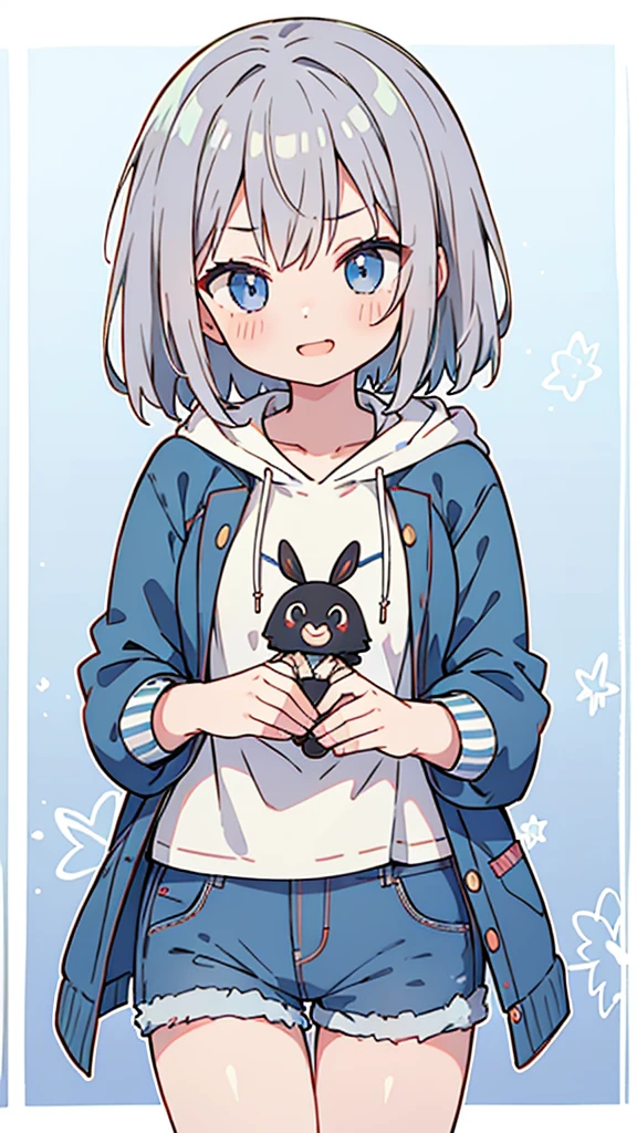 masterpiece、Very detailed、(One Girl:1.2)、Gray Hair、hoodie、Big eyes、Close-up、Laughter、、short hair、Gray shorts、(((Anime Style)))、Shining Eyes、Open your mouth,Blue Eyes、smug face、front、whole body