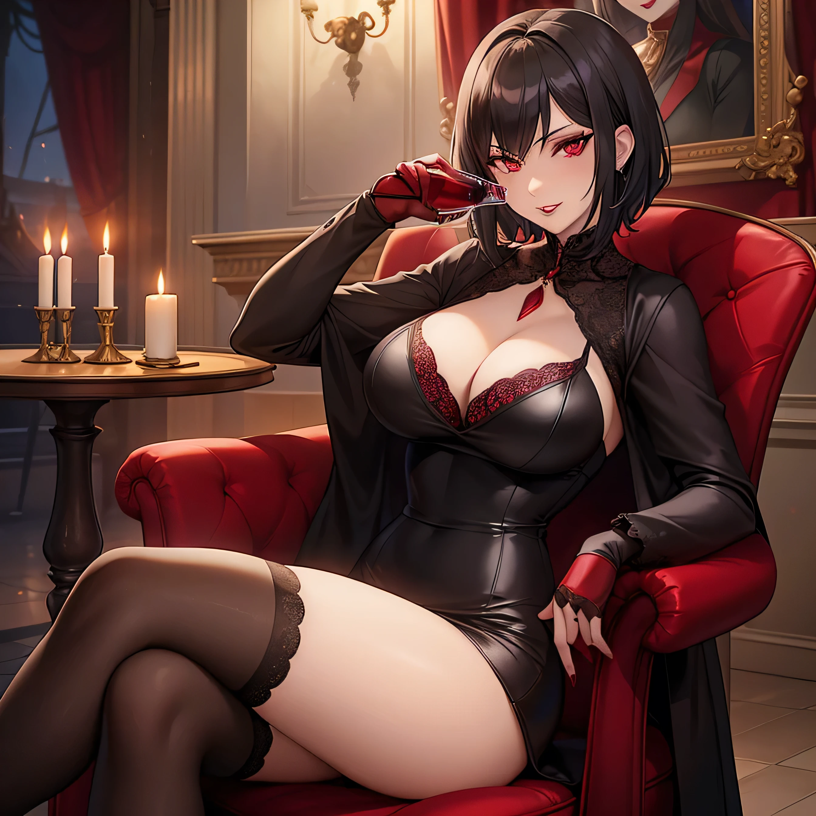 (((Solo))) Vampire woman with short white hair, (red eyes), ((wearing a sexy black dress)), stockings, wearing a red necklace, character is wearing gloves, (mature woman Anna), ((large chest)), curvy hips, long legs, detailed eyes, (in a dark castle), (((mature woman))), milf, ((full lips)), sparkling eyes, standing, seductive pose, sexy face, (beautiful lighting), candles, (holding a glass of wine), (sitting down on a chair)