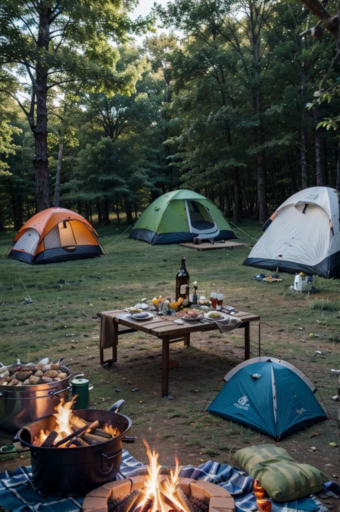A vibrant outdoor camping scene with a campfire in the center surrounded by various camping equipment. On a wooden table nearby, there's an assortment of delicious camping food including grilled meat, vegetables, and a pot of stew. The background includes tents, a clear blue sky, and a lush green forest. The atmosphere is lively and inviting, perfect for a camping meal. No text in the image.