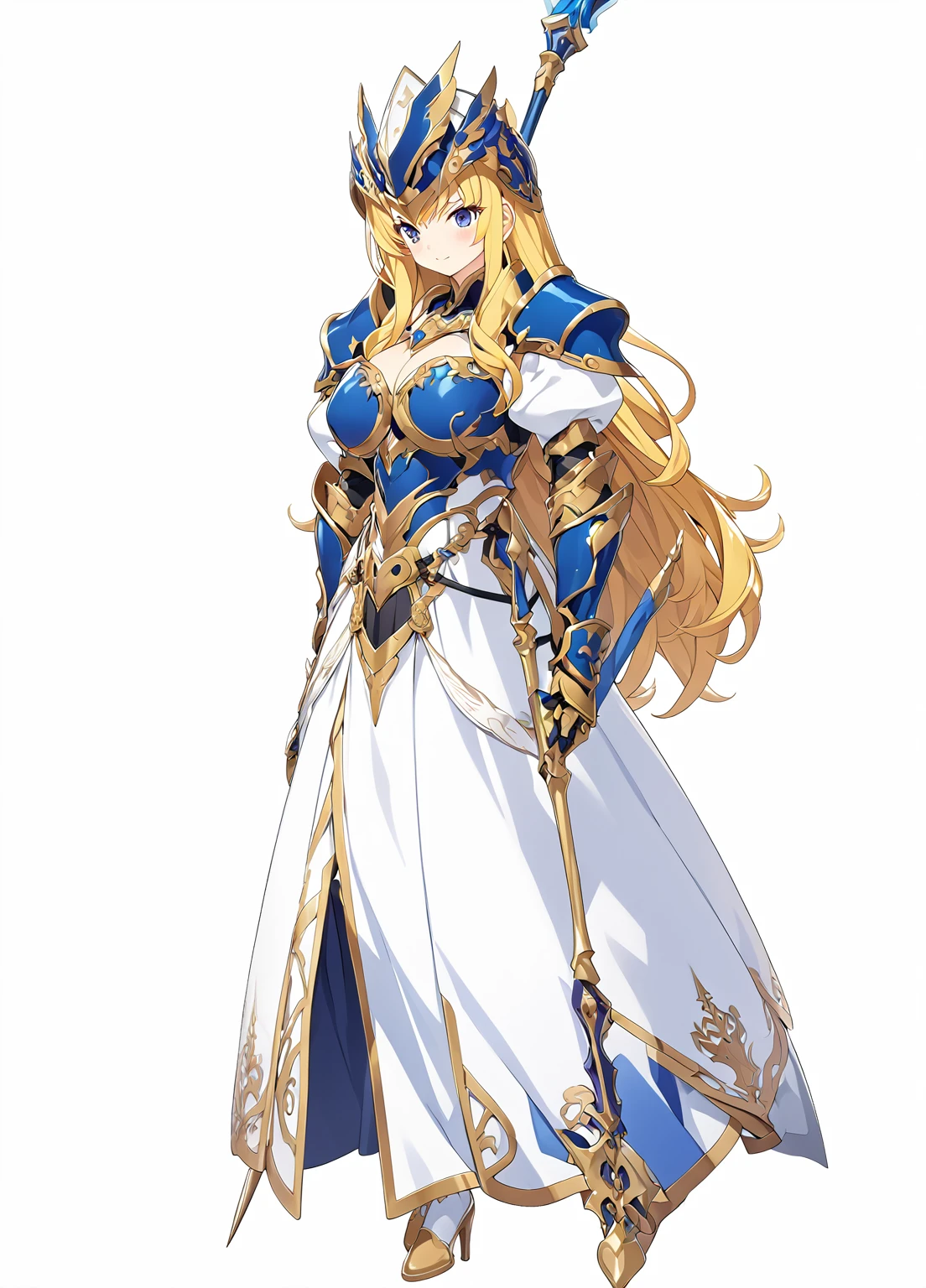 Highest quality, high resolution, High quality game art style, whole body,Valkyrie,Official Art, Smooth game CG art,Cute 3D anime girl render, Visual Novel Sprites, White background,Smooth game CG art, (((Woman with a long spear))),A woman wearing a white dress and blue armor, An intricately designed helmet with white feathers,Small shield, (((Has an exquisite long spear))),Exquisite Blue Armor,Golden Hair, long hair, female knight, Rin々Shii,Large Bust,17 years old,