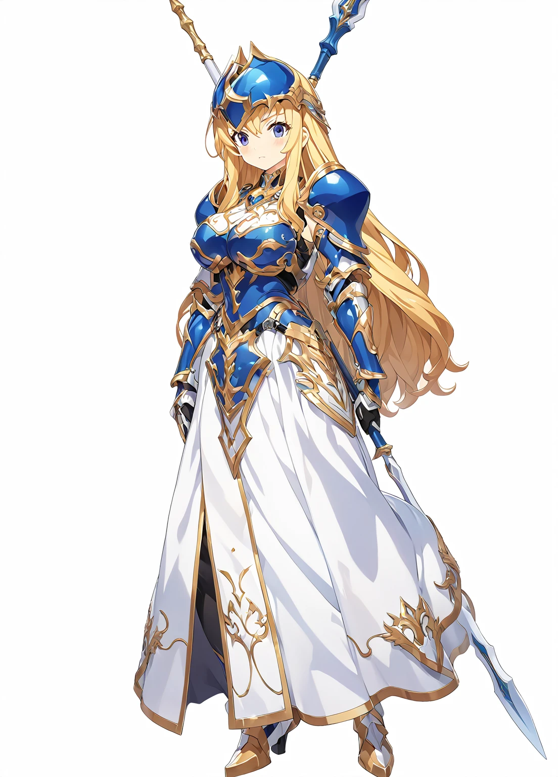 Highest quality, high resolution, High quality game art style, whole body,Valkyrie,Official Art, Smooth game CG art,Cute 3D anime girl render, Visual Novel Sprites, White background,Smooth game CG art, (((Woman with a long spear))),A woman wearing a white dress and blue armor, An intricately designed helmet with white feathers,Small shield, (((Has an exquisite long spear))),Exquisite Blue Armor,Golden Hair, long hair, female knight, Rin々Shii,Large Bust,17 years old,