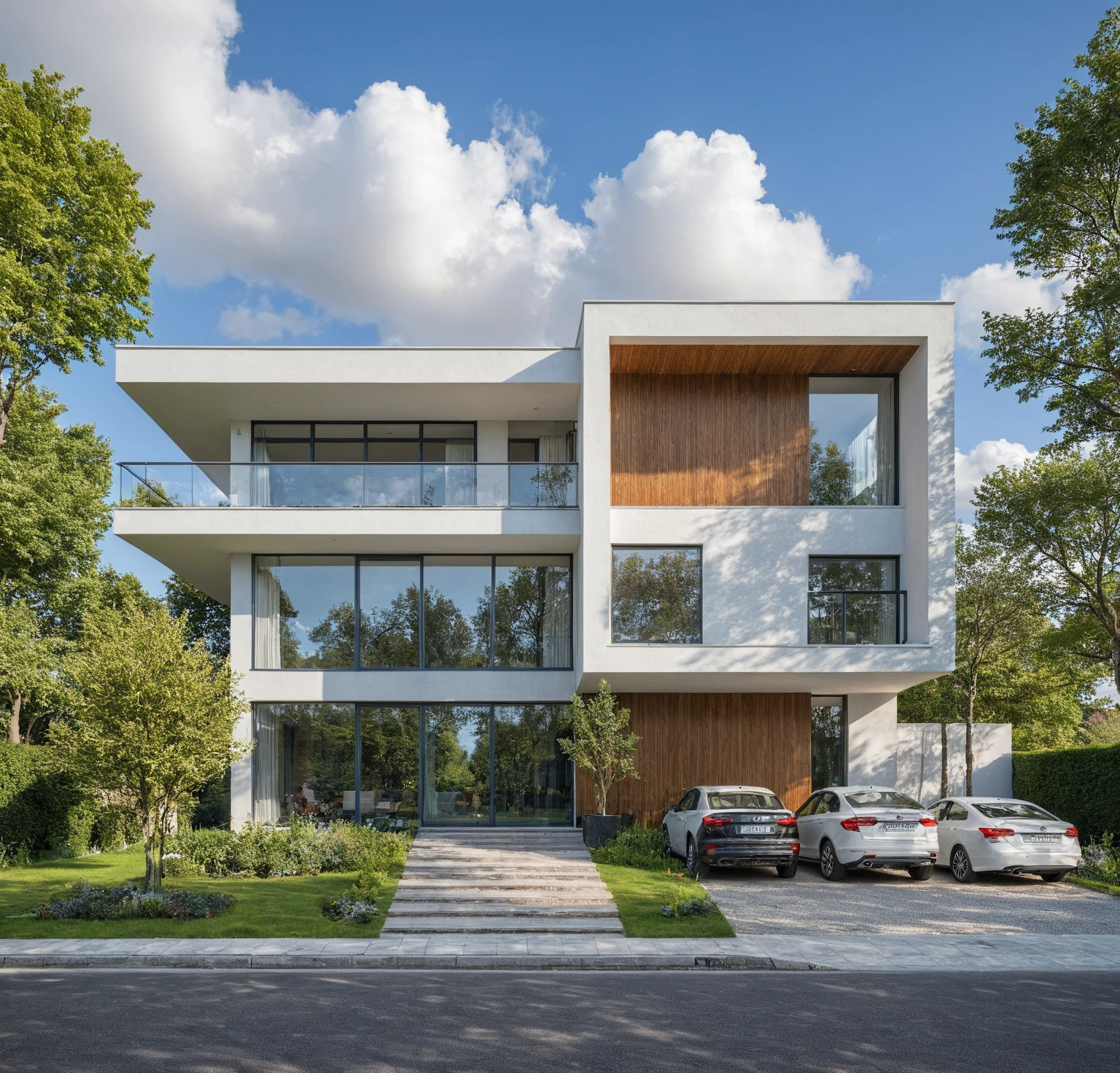 artwork, High quality, Best quality, authentique, Great detail, En plein air, villa de plain-piedXL, credit group, style de maison moderne dans la rue ,escaliers, mur blanc ,route,pavement, herbe, des arbres, ciel, nuage, (day light:1.1)