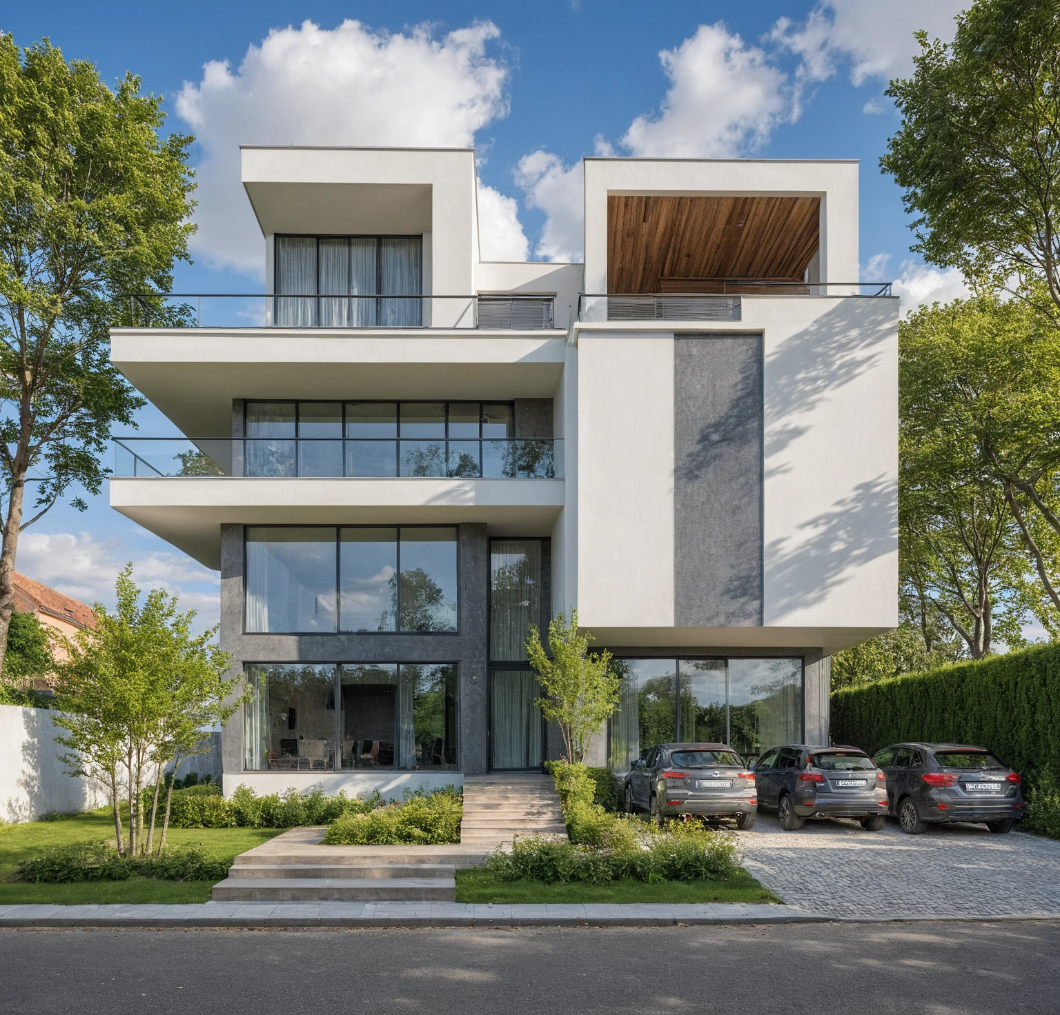 artwork, High quality, Best quality, authentique, Great detail, En plein air, villa de plain-piedXL, credit group, style de maison moderne dans la rue ,escaliers, mur blanc ,route,pavement, herbe, des arbres, ciel, nuage, (day light:1.1)
