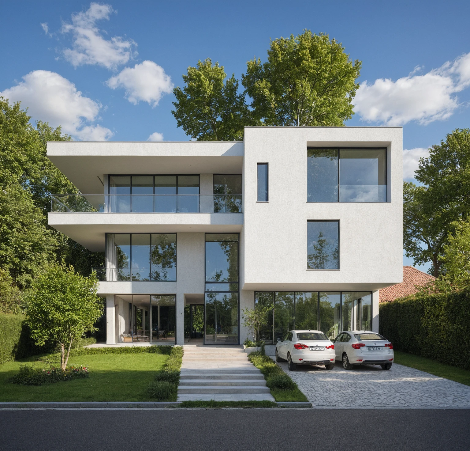 artwork, High quality, Best quality, authentique, Great detail, En plein air, villa de plain-piedXL, credit group, style de maison moderne dans la rue ,escaliers, mur blanc ,route,pavement, herbe, des arbres, ciel, nuage, (day light:1.1)
