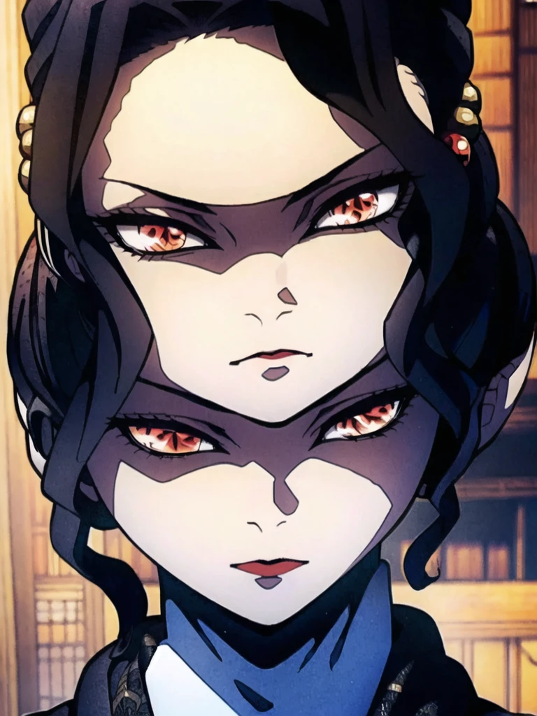 Ultra-realistic 8k CG,masterpiece,((ultra-detailed background, delicate pattern, intricate details)),best quality,very detailed face,extremely detailed eyes and face,(extremely detailed eyes:1.2),(masterpiece:1.2, best quality),MuzanFemale,1girl,red eyes,kimono,black hair,solo,looking at viewer,red lips,makeup,hair ornament,earrings,jewelry,solo,long hair,angry,closed mounth,cinematic lighting,demonic ritual,demonic,red particles,detailed background,complex structures,hyperdetailed sharp face,dynamic pose,Sunny day,Sun,Light,Tindal effect,Ancient towns in Japan,Charming posture,Cloud,(fantasy illustration:1.3),enchanting gaze,captivating pose,otherworldly charm,mystical sky,soft colors,(detailed cloudscape:1.3),(high-resolution:1.2),ulzzang-6500,