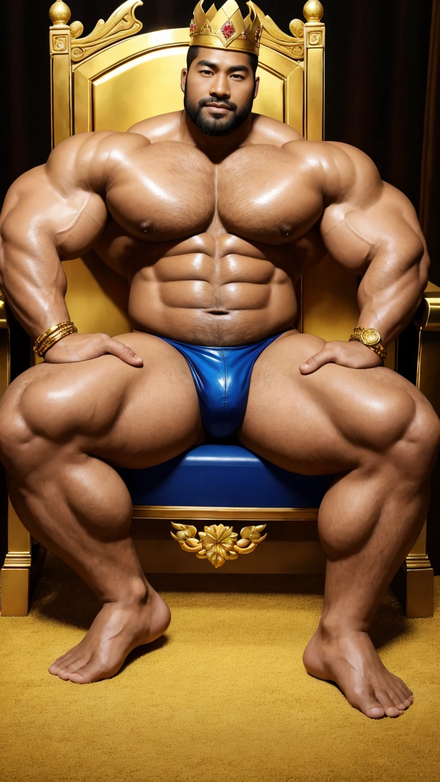 There is only one handsome Asian king in the photo，35 years old，Tall and handsome, Wears a golden crown，Fitness，Smooth body，Smooth skin，No chest hair，short hair, O-Shaped Beard，Perfect body, Dark skin color，Radiant Skin，Smooth skin，Shiny, shiny skin，Smooth pectoral muscles，Muscle bulge, muscular, Very large pectoral muscles，Very sexy abdominal muscles，Very well-developed leg muscles，Huge concave and convex area，Brightens oily skin，Wearing a shiny gold leather thong，Handsome face，Normal human toes，Correct and accurate male body proportions，Gold Collar，Gold bracelet，Gold anklets，Sitting on the throne，The magnificent palace is full of golden decorations。
