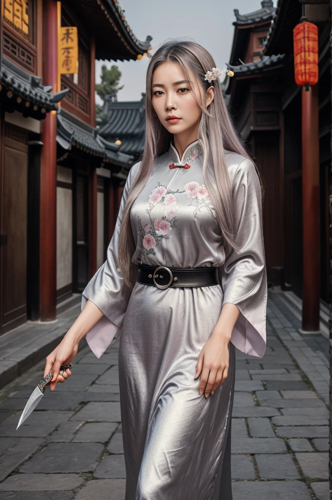 Masterpiece, Best Quality, Night, Full Moon, 1 Girl, Mature Woman, Chinese Style, Ancient China, Sister, Royal Sister, Cold expression, expressionless face, Silver white long haired woman, Light pink lips, Calm, Intellectual, Three belts, Gray pupils, Assassin, Short knife, Flower ball background, Strolling in the street scenery