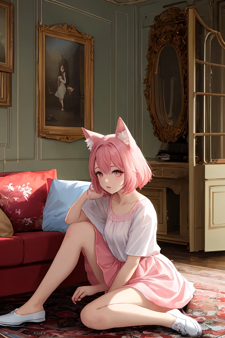 (score_9,score_8_up,score_7_up,score_6_up,score_5_up,score_4_up),masterpiece, top quality, best quality, official art, beautiful and aesthetic, animation, , 1girl with cat ear, perfect figure, pink hair, complicated details, living room, sitting on the carpet, holding a pillow in your hand, gently explaining your position ,