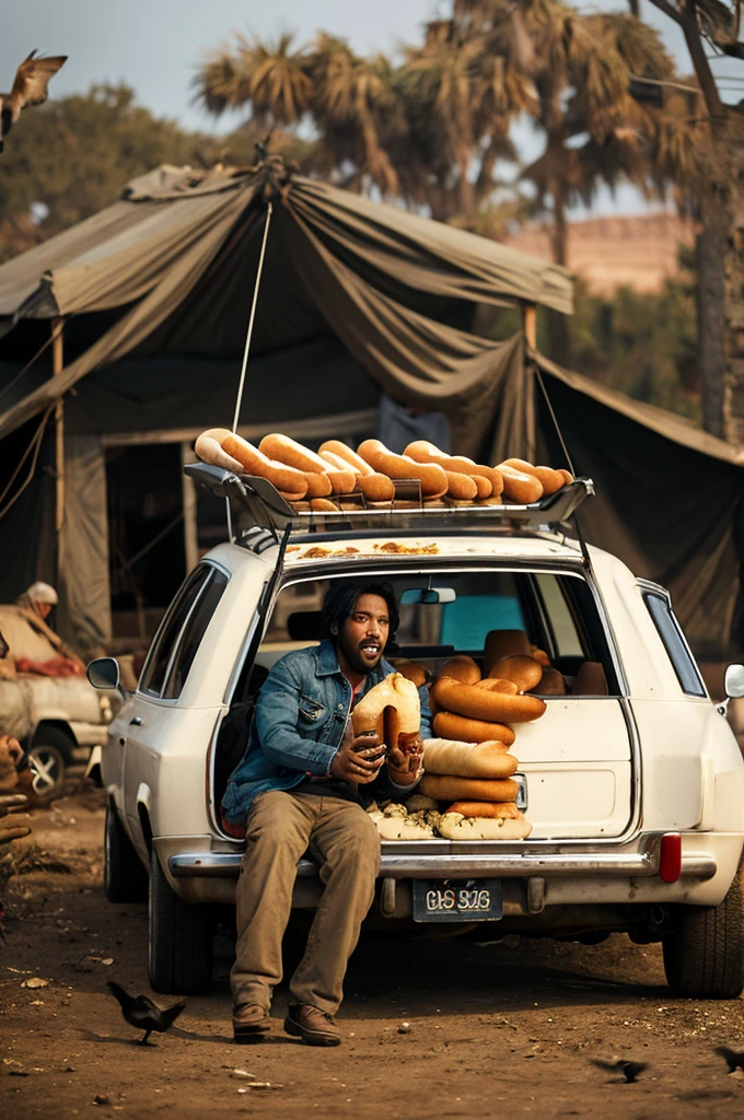A car eating a hot dog, in a place full of birds, and with zombies around a campfire, eating banana.