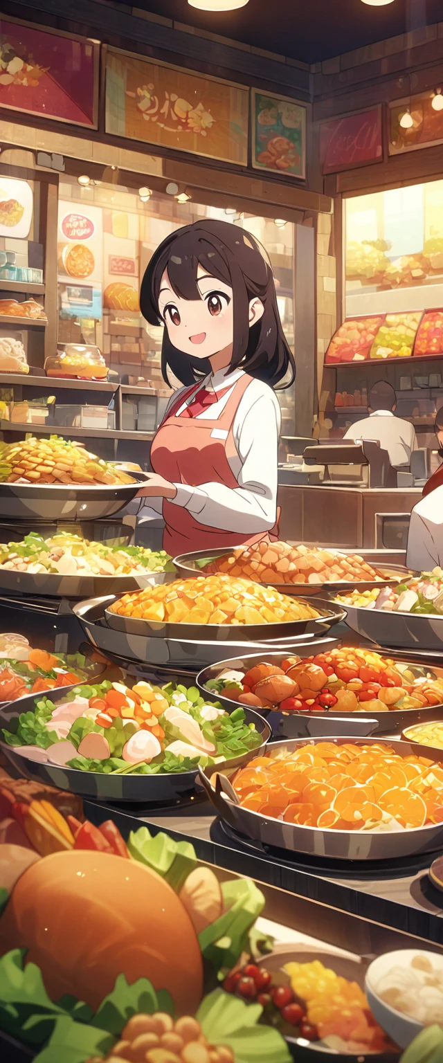 Close-up of beautiful, cute, hard-working and lively buffet shop clerk.Beautiful and extremely textured foreground and background,detailed, bright, Animation style high definition and high quality presentation,