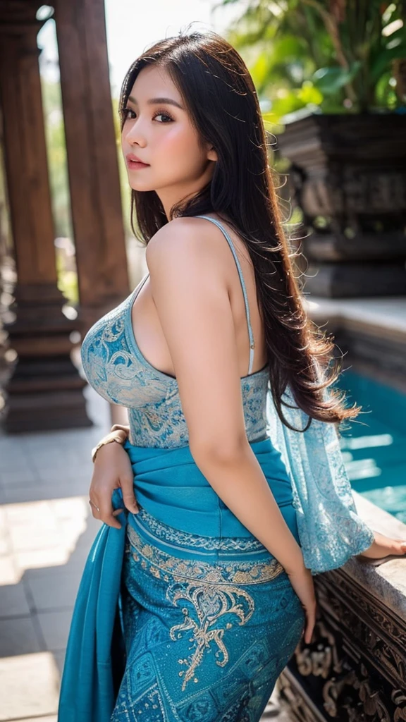 masterpiece, malaysian girl, indonesian girl ,ultra realistic,32k,intricate details, sharp focus, realistic, closed, seductive pose, black eyes, jewelr, lips, realistic, looking_at_viewer, wet skin, shiny skin, SHORT SLEVES, indonesian clothes, bali, balinese, cityscape, transparent standing pose,((blue kebaya)),full body,busty body,curvy body,long hair,beauty face,cowboy shot,