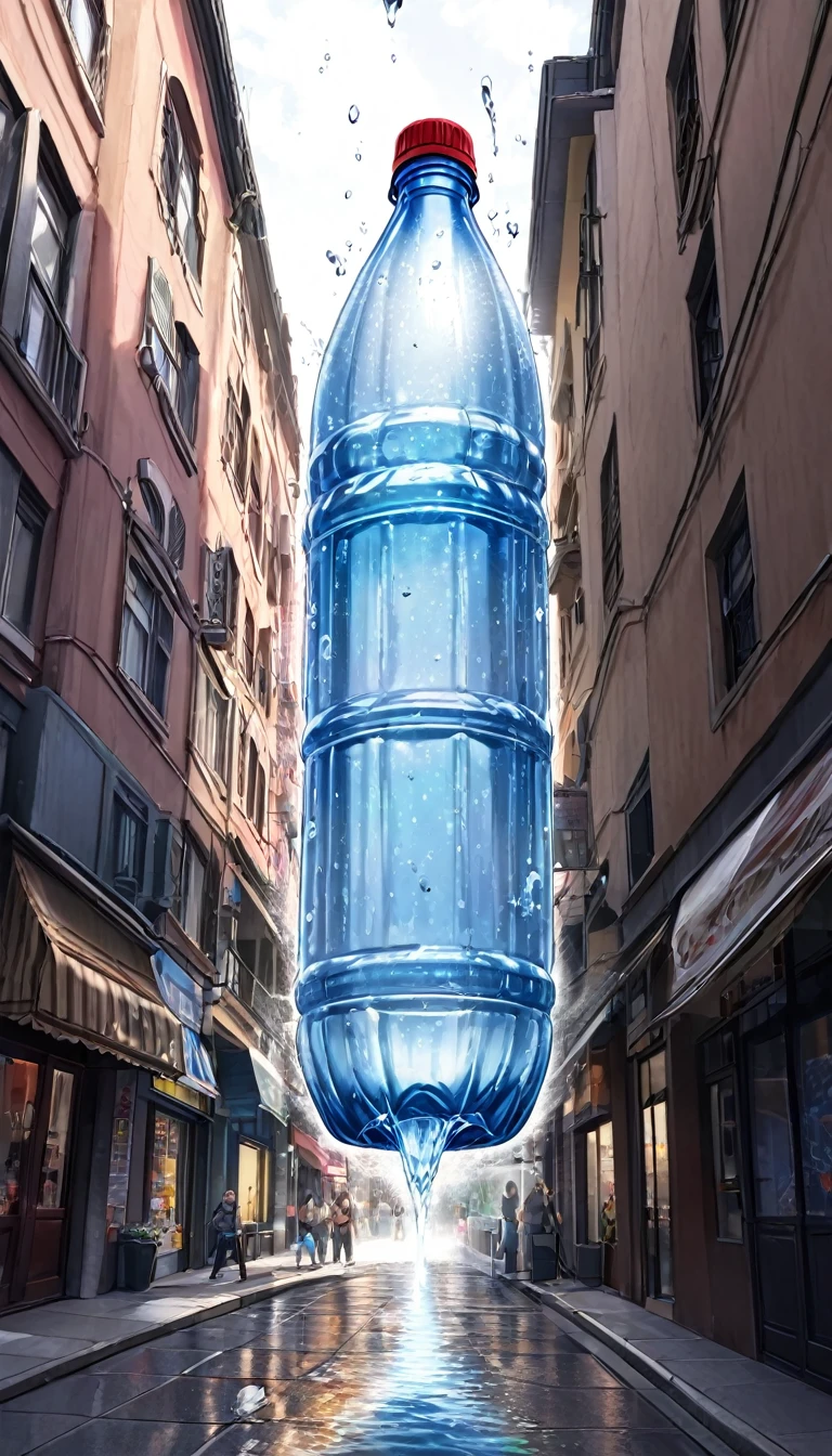 シード
2950548102(Please draw a realistic 3D scene of a giant plastic bottle full of water half-protruding from a second-floor window or wall of a building, spraying water onto the sidewalk below: 1.5) (People on the sidewalk are looking up: 1.5) The exterior of the building should be set to an urban scene, at dusk.