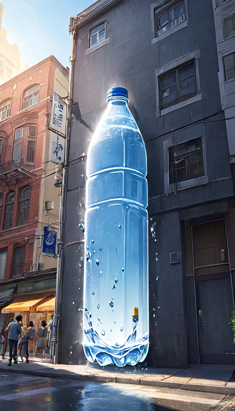 シード
2950548102(Please draw a realistic 3D scene of a giant plastic bottle full of water half-protruding from a second-floor window or wall of a building, spraying water onto the sidewalk below: 1.5) (People on the sidewalk are looking up: 1.5) The exterior of the building should be set to an urban scene, at dusk.