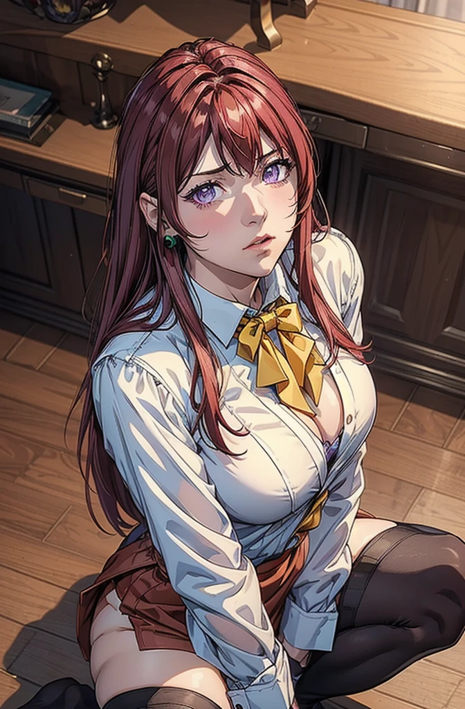 ((8k wallpaper of extremely detailed CG unit, ​masterpiece, 超A high resolution:1.2, top-quality:1.2, masterpiece, textures and maximum detail, Top quality real texture skins)), TakashiroHiroko, Red Hair, Nude, beautiful breast, Long Hair, Mature Woman, (Purple Eyes), Perfect Eyes, Perfect Face, Earrings, detailed lips, (purple eyes, long hair, red hair, green earrings, jewelry, teacher, blouse, yellow bowtie, blazer, red pencil skirt, thighhighs, white top, ), Vulgarityblush, nose, watch viewer, sexy pose, Embarrassed, Blushing, kneeling, sitting on her knees, spread thighs, sexy pose, hands pulling apart unbuttoned white shirt to reveal cleavage, kneeling, (looking up at viewer:1.6), intense eye contact, nsfw, areola, cleavage, (looking up at viewer), (view from the top)