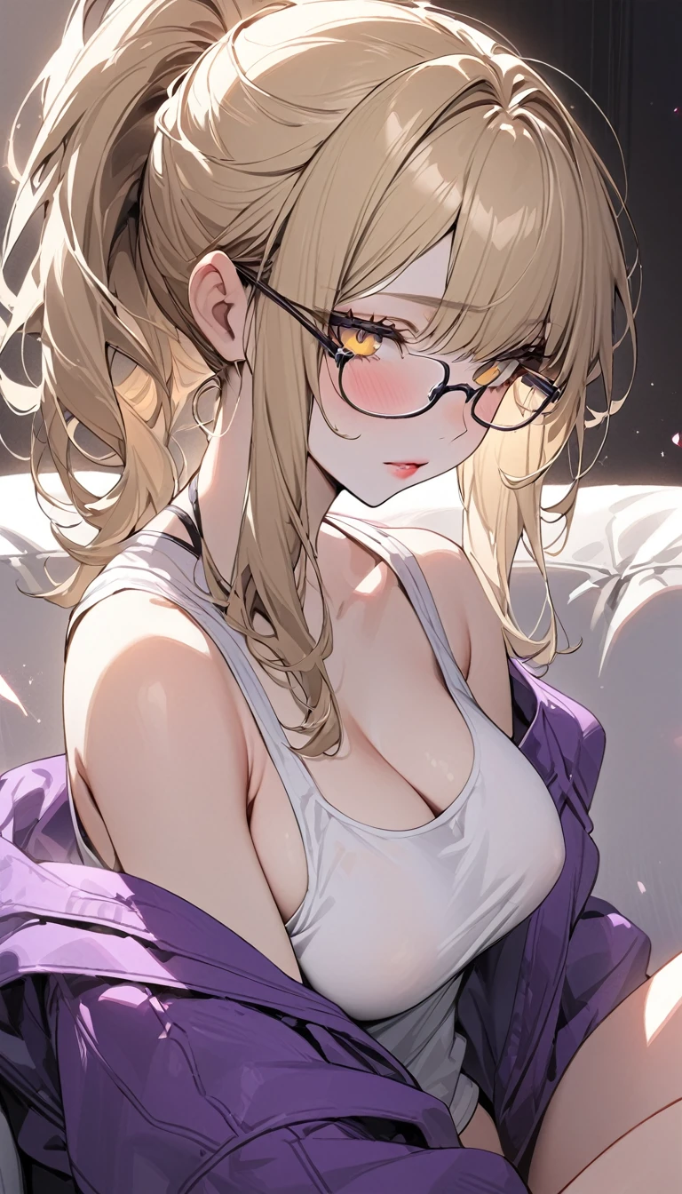 Highest quality　masterpiece　High resolution　Long blonde hair　　ponytail　Character Portrait　Yellow Eyes　Glasses　Pale pink lips　F Cup　Fluffy body　Purple jersey　game　Sit on the sofa　White tank top