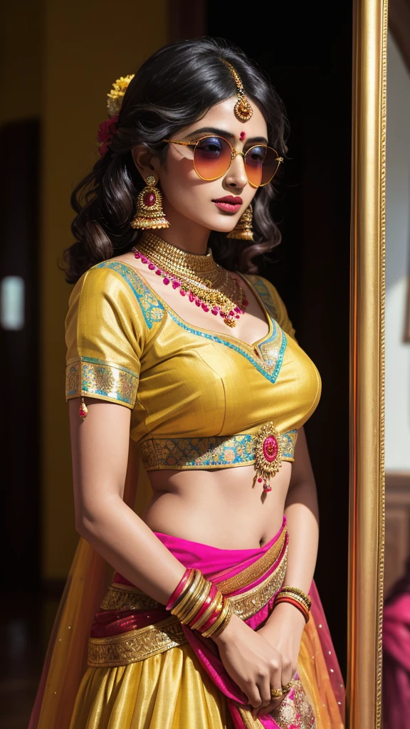 Create a captivating visual representation of a quirky Indian woman, donning sunglasses and adorned in a vibrant lehenga blouse, an essential part of the traditional Indian outfit. Her attire is a riot of colors, reflecting the rich cultural heritage of her homeland. With her hair styled in loose curls, she exudes a playful and carefree demeanor. The high-quality painting illustration emphasizes the intricate details of her traditional Indian attire, from the golden embroidery adorning the lehenga to the intricate mirror work on the blouse. The colors are bold and vibrant, evoking a sense of joy and energy. The background real look