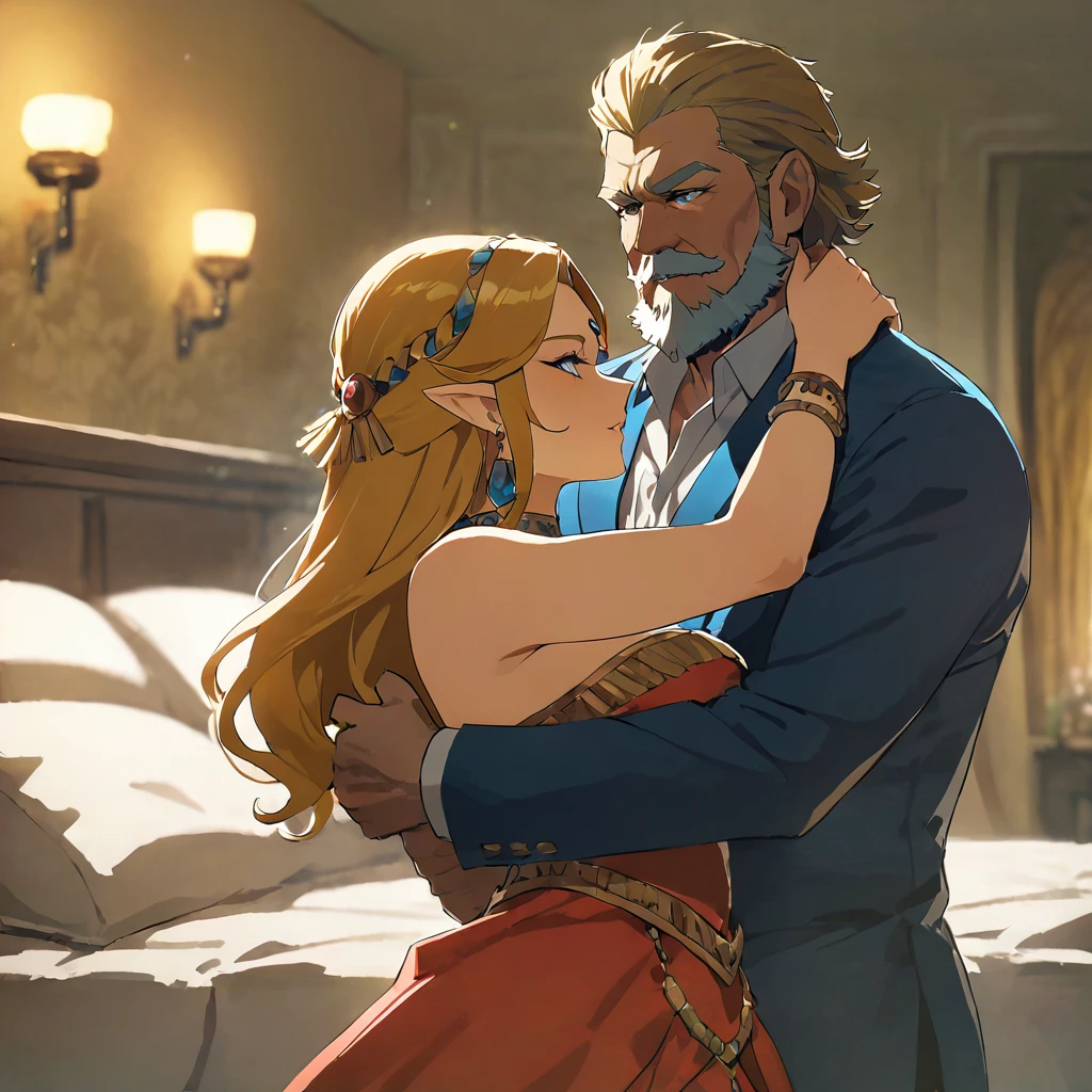 ((Highest quality)), ((masterpiece)), (detailed), （Perfect Face）、The woman is Queen Zelda of the Gerudo tribe, with blonde hair and blue eyes, and is wearing the luxurious dress of the Gerudo tribe queen.、The man is a dignified, middle-aged man with a beard, strong red hair and dark skin, King Ganondorf, the king of the Gerudo tribe, and is wearing the luxurious attire of the Gerudo king.、A man and woman are embracing and kissing each other on the bed in the luxurious bedroom of the Gerudo royal family.、A queen and a king in love