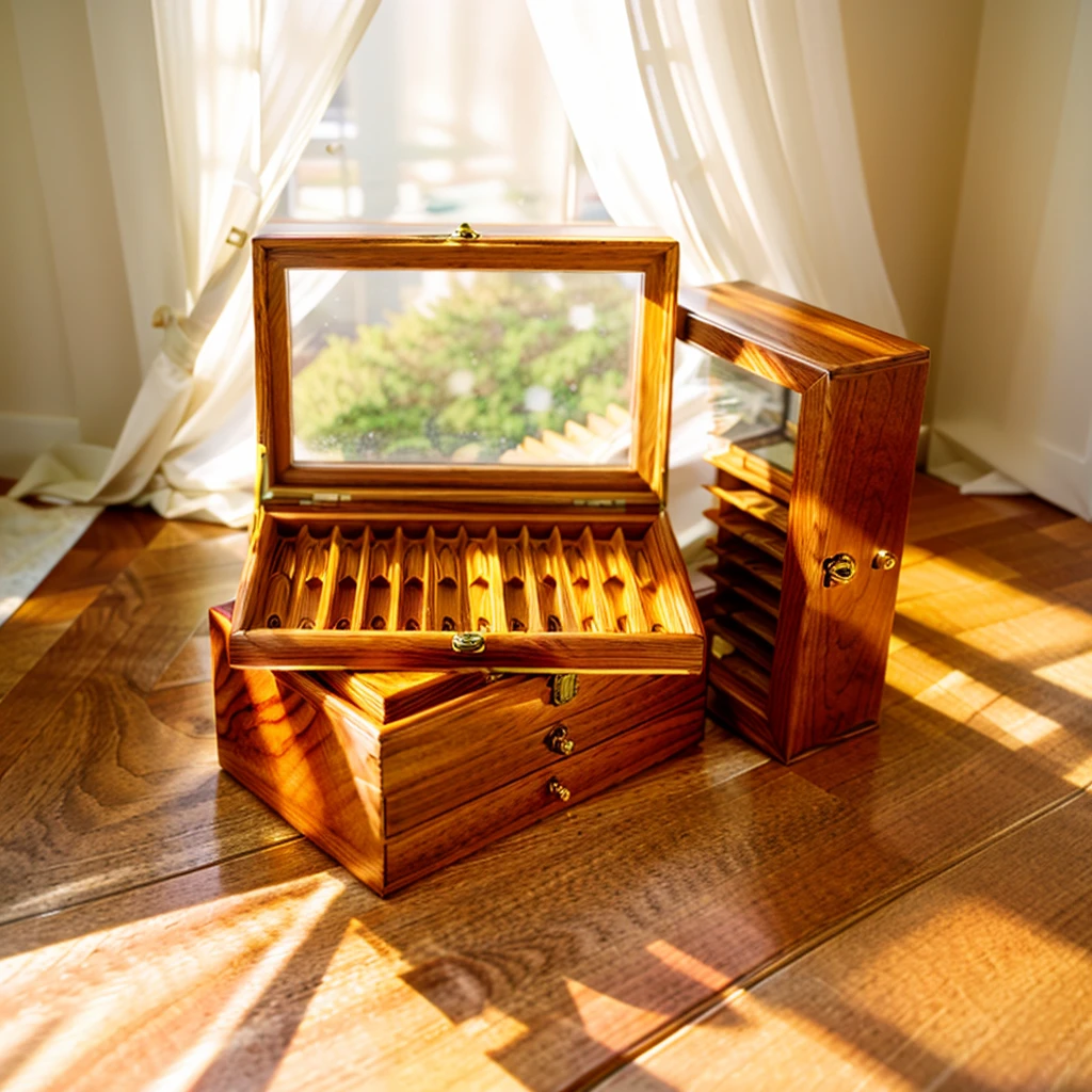 In this cozy room,A ray of sunlight shone on the table through the half-drawn curtains,Let the wood grain on the watch storage case shine with a faint sheen。There is a calm and serene atmosphere in the surrounding air。Several still lifes hang on the walls of the room,It adds a touch of elegance to the space。And on the other side of the room,A half-open window lets the breeze blow in,The pages on the small desk by the window flipped in the wind,This quiet scene gives a sense of tranquility and comfort。