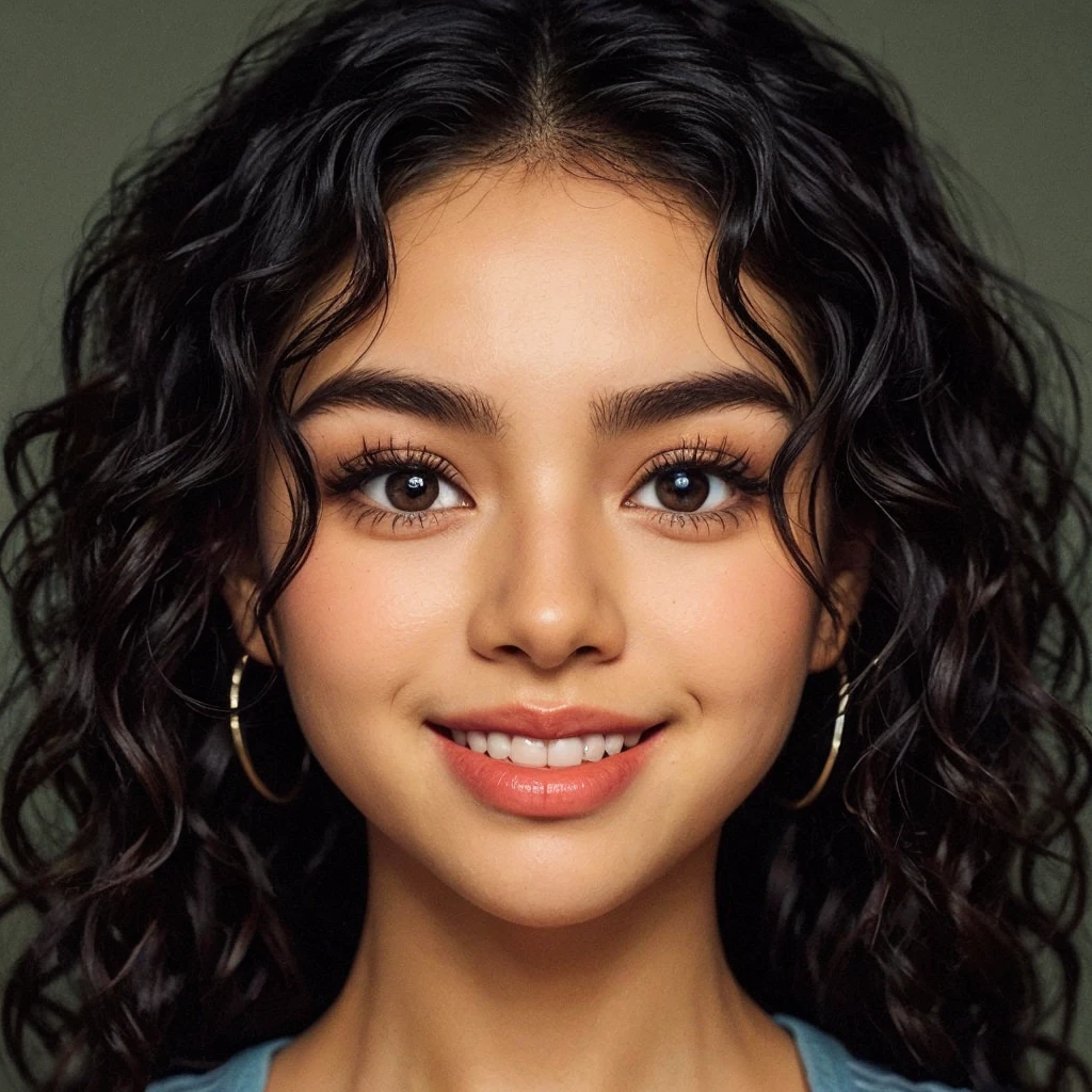 There is an 18-month-old Hispanic girl. She has pigtails and curly black hair, transparent double eyelids, big eyes, shiny black eyes, sharp facial contour, and very pretty. She is wearing a short-sleeved blouse and a pleated skirt. She is holding a teddy bear and her shoes are wearing Nike sneakers. Please draw a girl like this.