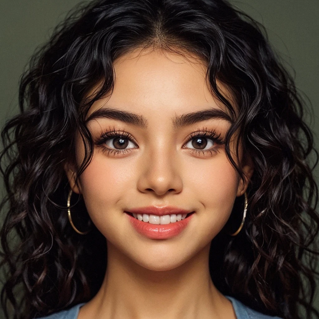 There is an 18-month-old Hispanic girl. She has pigtails and curly black hair, transparent double eyelids, big eyes, shiny black eyes, sharp facial contour, and very pretty. She is wearing a short-sleeved blouse and a pleated skirt. She is holding a teddy bear and her shoes are wearing Nike sneakers. Please draw a girl like this.