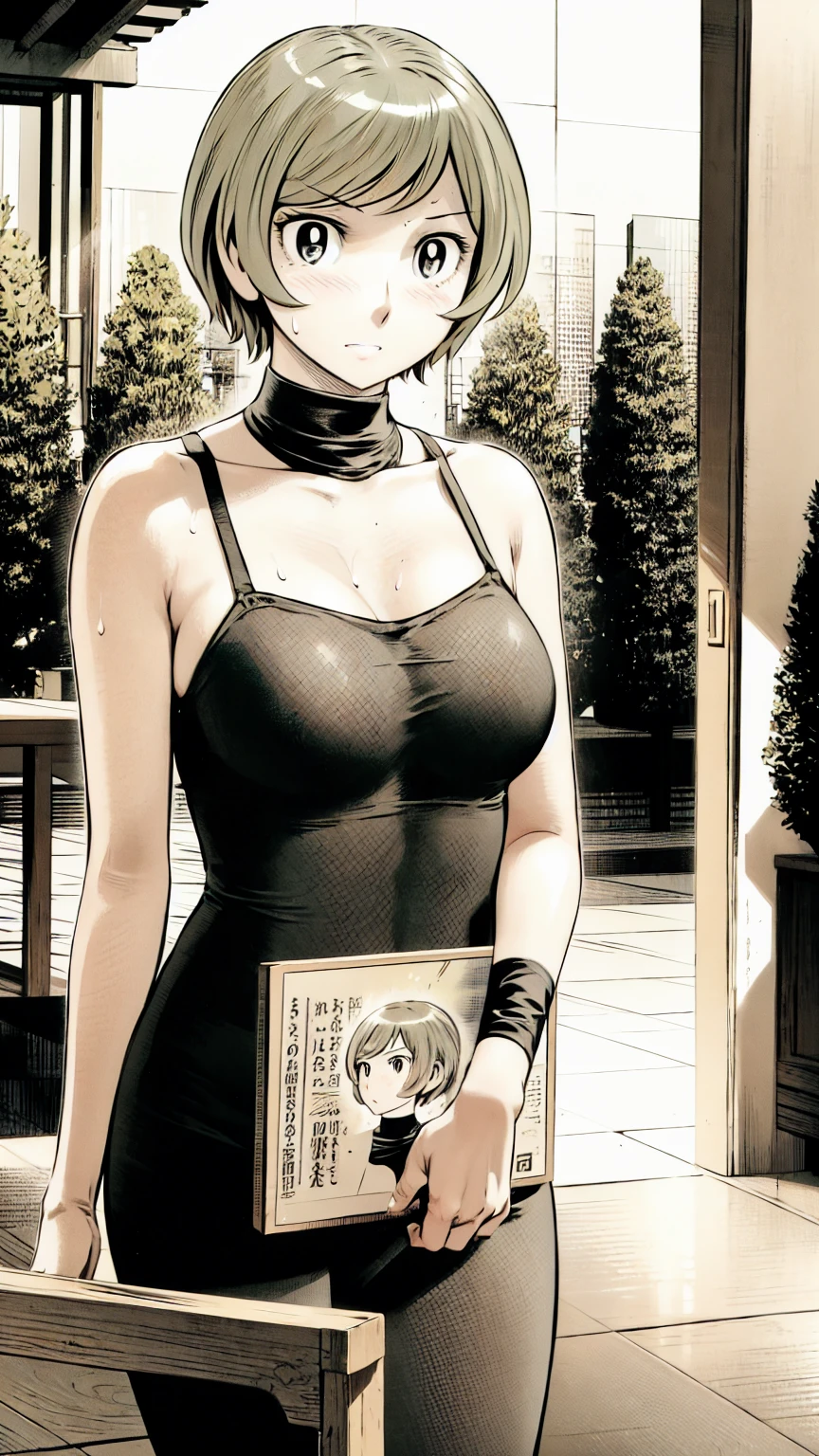 、(masterpiece、Highest quality)、Highest quality, Ultra-high resolution, (((masterpiece))), alone, Sweat、Big eyes, Sleeveless、Outdoor、Floral Dress、Composition from the front、(後ろCut your hair short、short hair、blonde、woman)、Shortcuts、Embarrassed face、Cut your hair short、可愛いwomanの子、、Browsing Caution