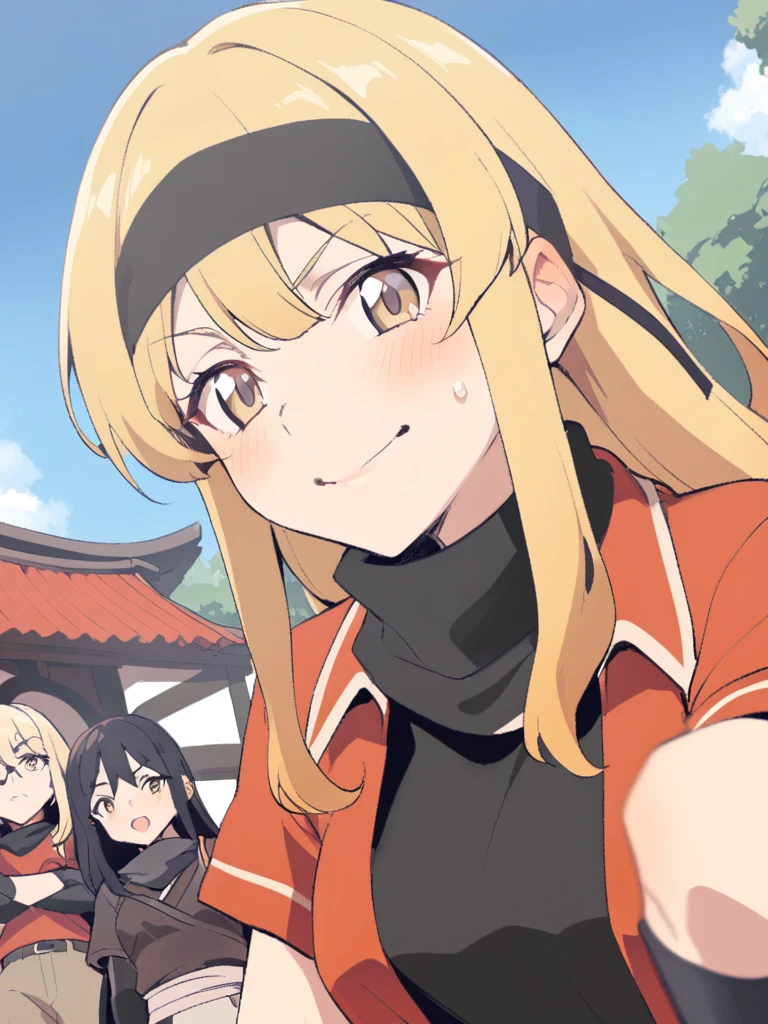 {{Upper part of the body}} {{Artist: sincos}} mature woman, straight hair, long hair, black hair with blonde highlights, light brown eyes, black ninja bandana, red jacket, black fitted t-shirt, Gloves without fingers, bottom: ninja village