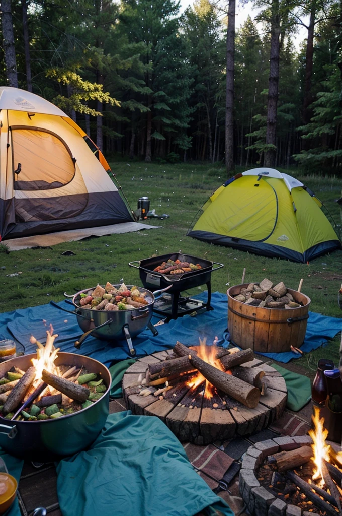 A vibrant outdoor camping scene with a campfire in the center surrounded by various camping equipment. On a wooden table nearby, there's an assortment of delicious camping food including grilled meat, vegetables, and a pot of stew. The background includes tents, a clear blue sky, and a lush green forest. The atmosphere is lively and inviting, perfect for a camping meal. No text in the image.
