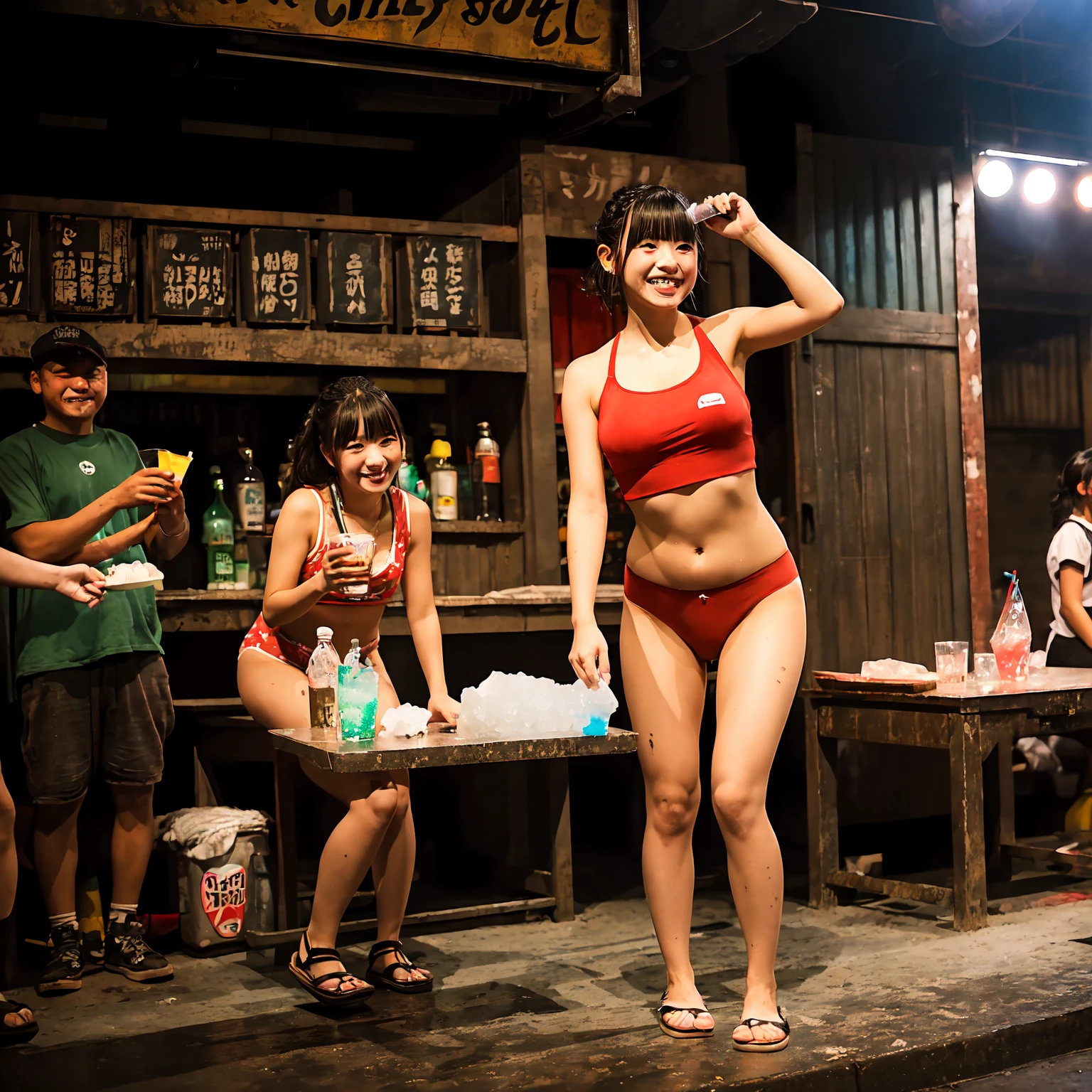 (masterpiece、Highest quality)、(Unsanitary and old underground mall)、(Japan favelas、Dirty Standing Tavern)、((stage))、(A girl helping out at the store、smile、fun)、(Poor conditions)、Shady Red Light District、Tank top、Panties、shaved ice、Sale of drinks、(stage)、smile、Happy schoolchildren、Perfect Anatomy