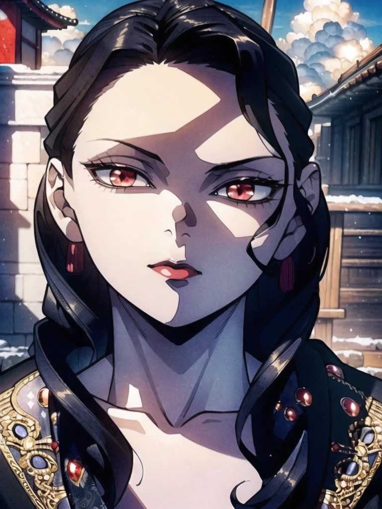 Ultra-realistic 8k CG,masterpiece,((ultra-detailed background, delicate pattern, intricate details)),best quality,very detailed face,extremely detailed eyes and face,(extremely detailed eyes:1.2),(masterpiece:1.2, best quality),MuzanFemale,1girl,red eyes,kimono,black hair,solo,looking at viewer,red lips,makeup,hair ornament,earrings,jewelry,solo,long hair,angry,closed mounth,cinematic lighting,demonic ritual,demonic,red particles,detailed background,complex structures,hyperdetailed sharp face,dynamic pose,Sunny day,Sun,Light,Tindal effect,Ancient towns in Japan,Charming posture,Cloud,(fantasy illustration:1.3),enchanting gaze,captivating pose,otherworldly charm,mystical sky,soft colors,(detailed cloudscape:1.3),(high-resolution:1.2),ulzzang-6500,