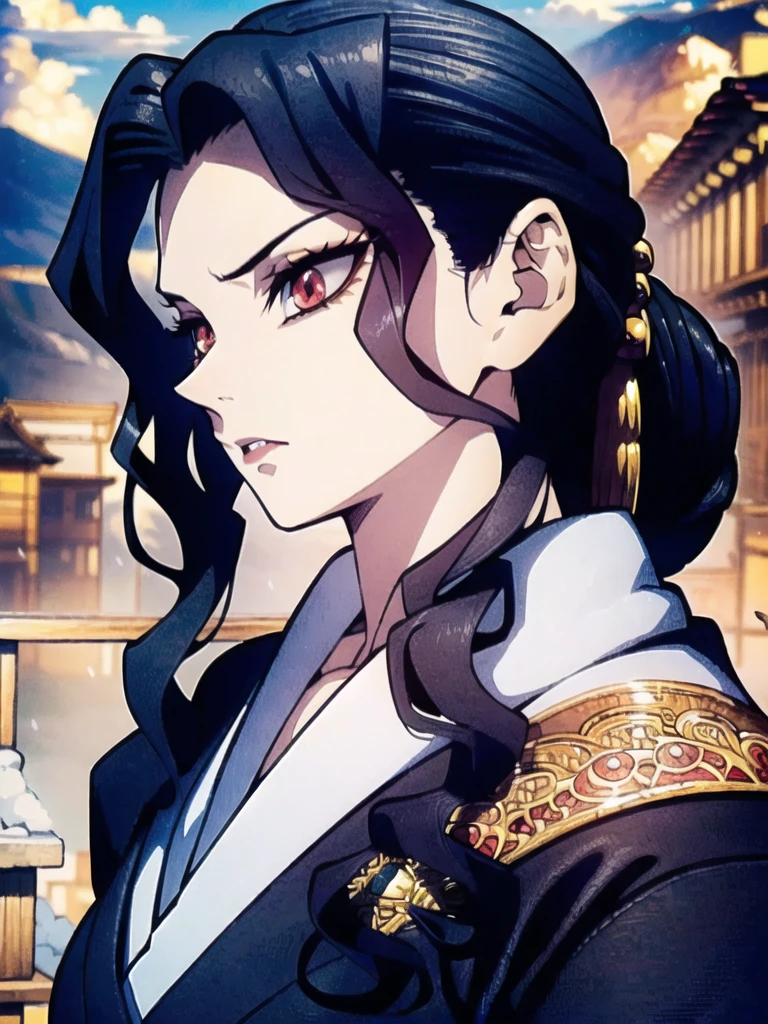 Ultra-realistic 8k CG,masterpiece,((ultra-detailed background, delicate pattern, intricate details)),best quality,very detailed face,extremely detailed eyes and face,(extremely detailed eyes:1.2),(masterpiece:1.2, best quality),MuzanFemale,1girl,red eyes,kimono,black hair,solo,looking at viewer,red lips,makeup,hair ornament,earrings,jewelry,solo,long hair,angry,closed mounth,cinematic lighting,demonic ritual,demonic,red particles,detailed background,complex structures,hyperdetailed sharp face,dynamic pose,Sunny day,Sun,Light,Tindal effect,Ancient towns in Japan,Charming posture,Cloud,(fantasy illustration:1.3),enchanting gaze,captivating pose,otherworldly charm,mystical sky,soft colors,(detailed cloudscape:1.3),(high-resolution:1.2),ulzzang-6500,