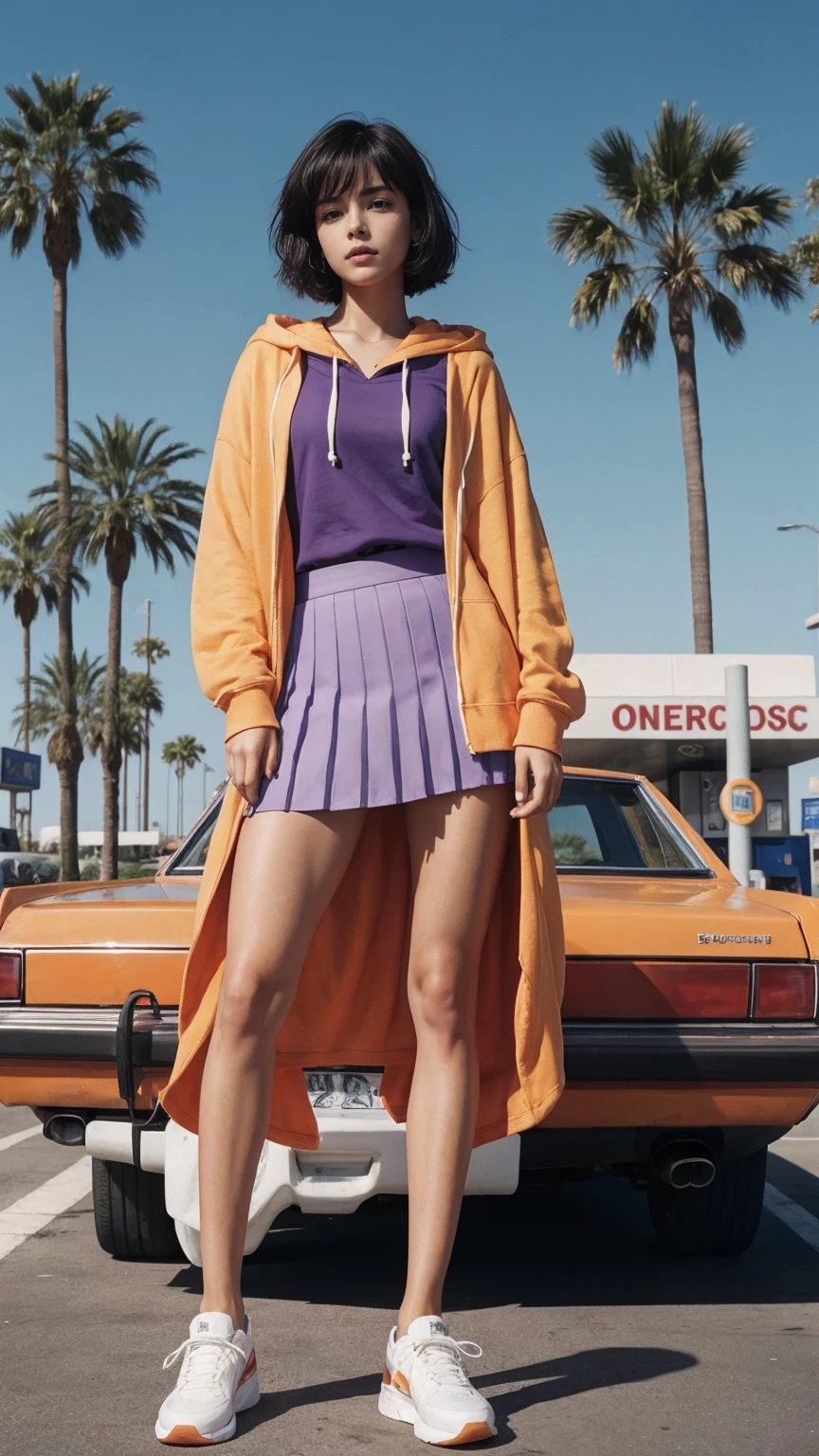(medium long shot portrait) of cute 23 yo girl ,wear ((orange color oversized_hoodie)), wear ((purple tennis skirt)),looking front,Best Quality,Masterpiece,Ultra High Resolution,(Realisticity:1.4),Original Photo, 1Girl, light leak,ultra high resolution,UHD,beautiful, (black bob hair), almond eye, no makeup, in front of ((80's los angles gas station)), (realistic:1.2), (surreal:1.3), (very detailed:1.1), ((masterpiece)),summer, blue sky, palm trees,sunny, los angles vibes,film camera, 800mm lens,style of Philip Lorca diCorcia