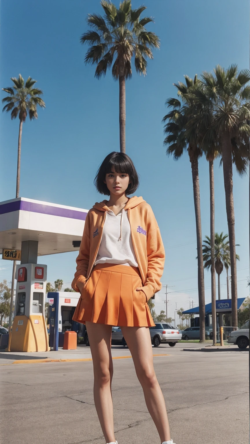 (medium long shot portrait) of cute 23 yo girl ,wear ((orange color oversized_hoodie)), wear ((purple tennis skirt)),looking front,Best Quality,Masterpiece,Ultra High Resolution,(Realisticity:1.4),Original Photo, 1Girl, light leak,ultra high resolution,UHD,beautiful, (black bob hair), almond eye, no makeup, in front of ((80's los angles gas station)), (realistic:1.2), (surreal:1.3), (very detailed:1.1), ((masterpiece)),summer, blue sky, palm trees,sunny, los angles vibes,film camera, 800mm lens,style of Philip Lorca diCorcia
