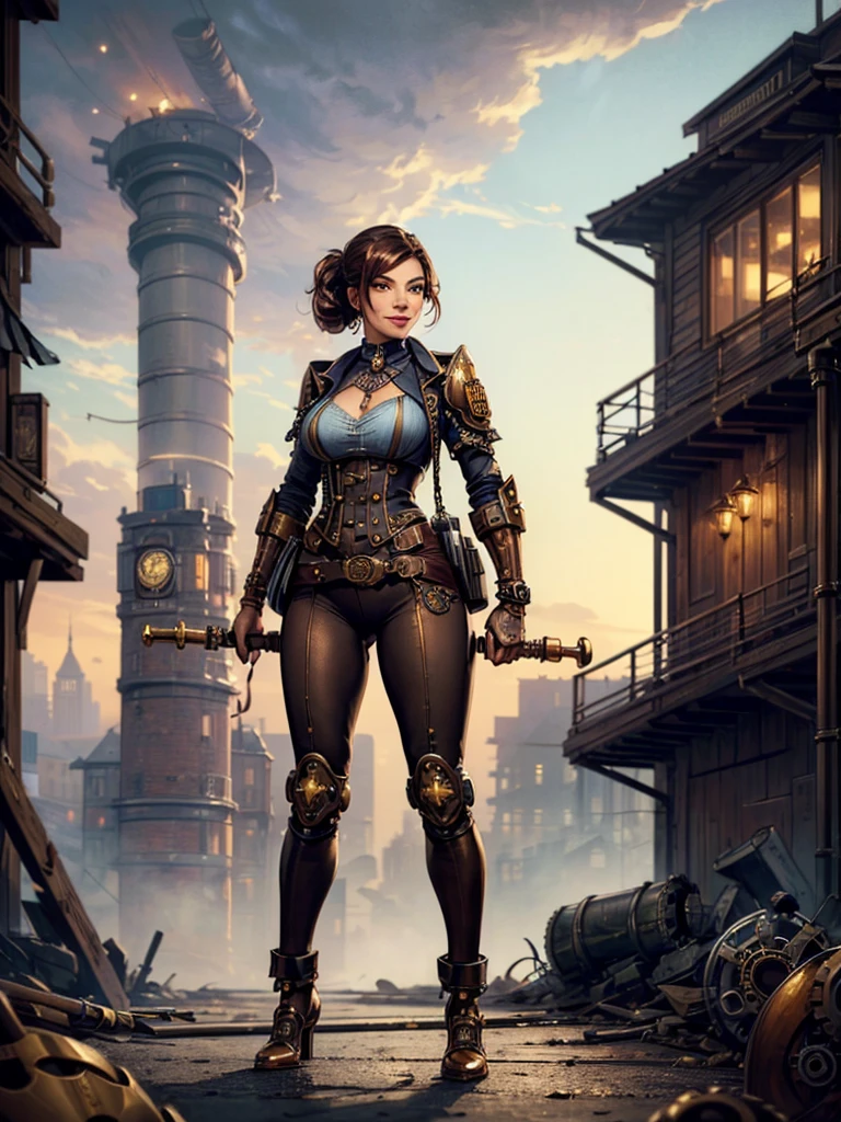 steampunkai, full body of a steampunk asian woman francescacapaldi wearing a futuristic comfortable fashionable urban clothing