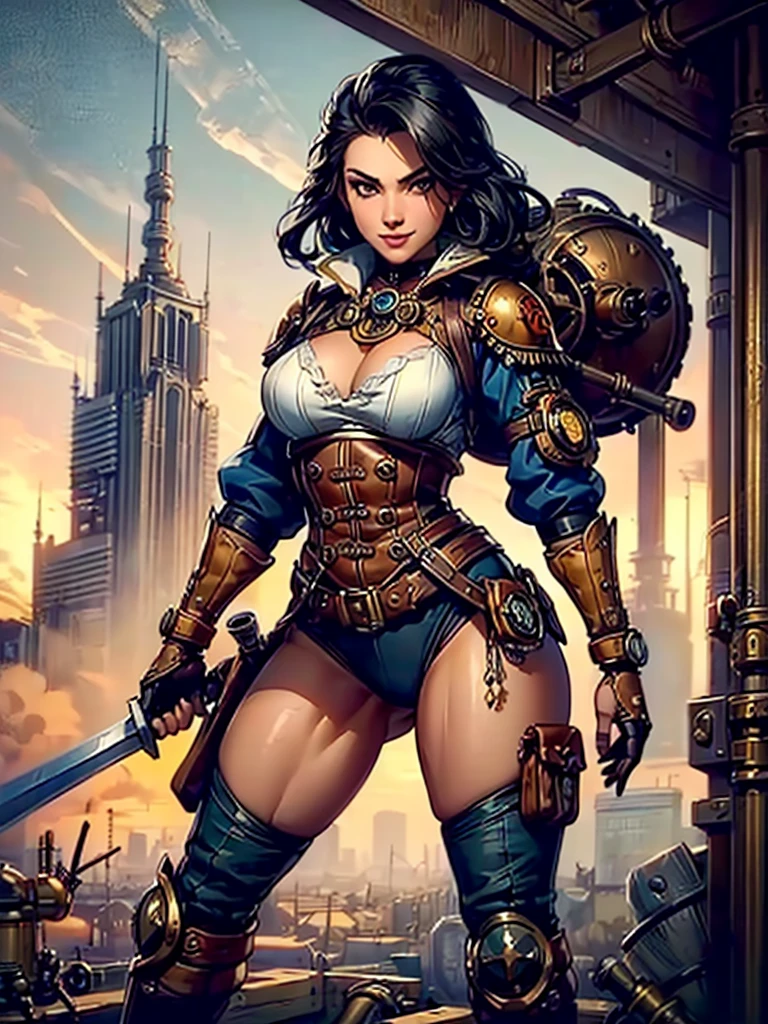 ((highest quality, 8k, masterpiece :1.3)), One girl, smile, (((Woman warrior:1.2, Detailed Weapons, Combat Uniform))), (((steampunk))), city, Crowded buildings, exposed gear and pipes, gear, (Thick Pipe), Covered Bridge, Gloomy Weather, chimney, Awkward mechanical device, irregular buildings,., sultry look, seductive,