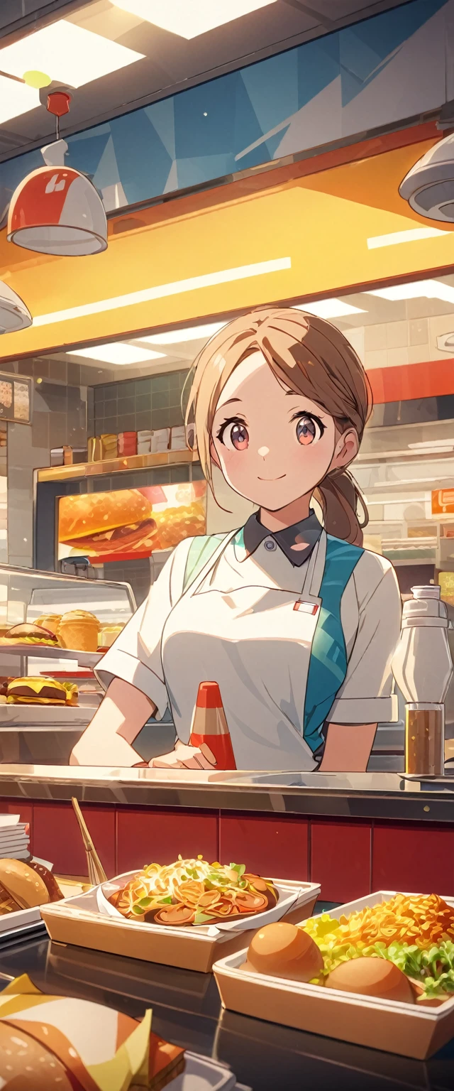 Close-up of beautiful, cute, hard-working and lively fast food restaurant clerk.Beautiful and extremely textured foreground and background,detailed, bright, Animation style high definition and high quality presentation,