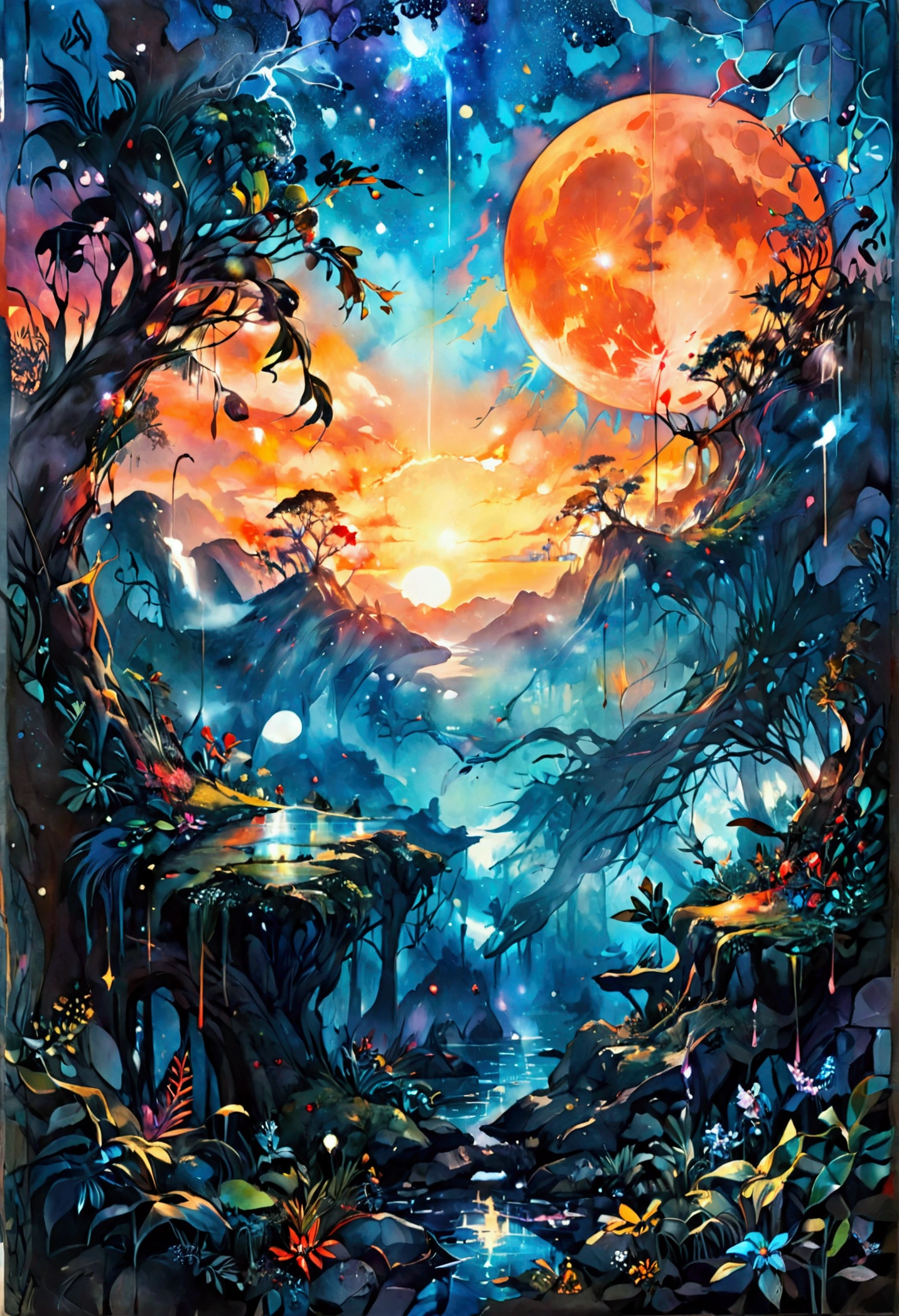 "Create an epic rainforest landscape in watercolor and metallic ink, inspired by the styles of JB Waterhouse, Carne Griffiths, and Liu Kuo-Sung. Depict a cinematic, glowing sunset transitioning into nighttime, featuring a dramatic blood moon. Illuminate the scene with vibrant, colorful sky tones and constellations in a crystal-clear sky. Incorporate mystic fog and dark shadows to enhance the atmosphere. Showcase lush jungle vegetation with dew-covered leaves and lustrous waters. Include particles floating in the air and hints of fire. Emphasize the magical quality of the painting by portraying the setting sun emerging from behind clouds, creating a grand and awe-inspiring composition. The overall effect should evoke a sense of wonder and mystery in this summerscape."