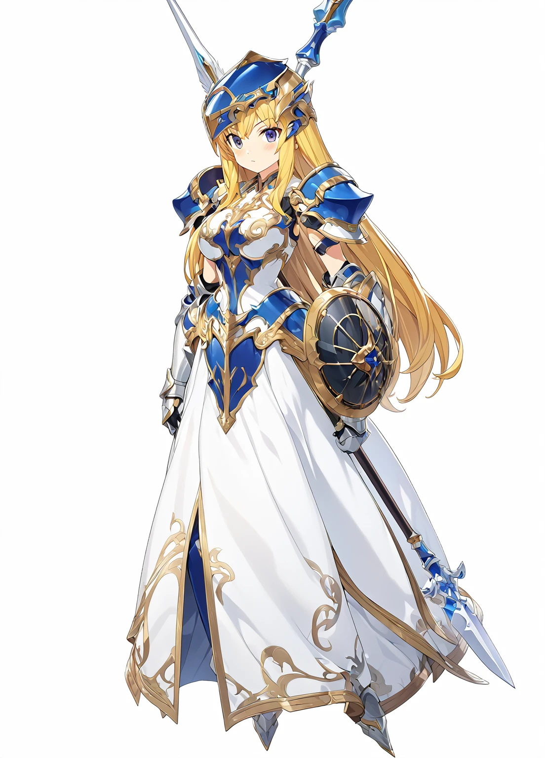 Highest quality, high resolution, High quality game art style, whole body,Valkyrie,Official Art, Smooth game CG art,Cute 3D anime girl render, Visual Novel Sprites, White background,Smooth game CG art, (((Woman with a long spear))),A woman wearing a white dress and blue armor, An intricately designed helmet with white feathers,Small shield, (((Has an exquisite long spear))),Exquisite Blue Armor,Golden Hair, long hair, female knight, Rin々Shii,Large Bust,17 years old,