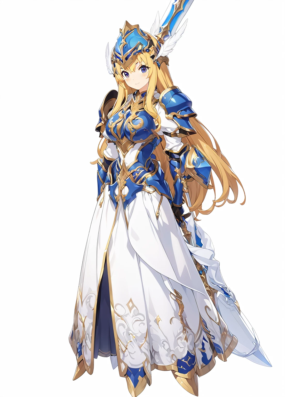 Highest quality, high resolution, High quality game art style, whole body,Valkyrie,Official Art, Smooth game CG art,Cute 3D anime girl render, Visual Novel Sprites, White background,Smooth game CG art, (((Woman with a long spear))),A woman wearing a white dress and blue armor, An intricately designed helmet with white feathers,Small shield, (((Has an exquisite long spear))),Exquisite Blue Armor,Golden Hair, long hair, female knight, Rin々Shii,Large Bust,17 years old,