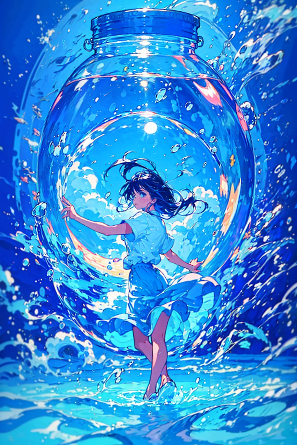 1girl,solo,cool,brilliant eye,Aquarius,dancing in the water,flowing water,water splashes,she has a water jar,water pot