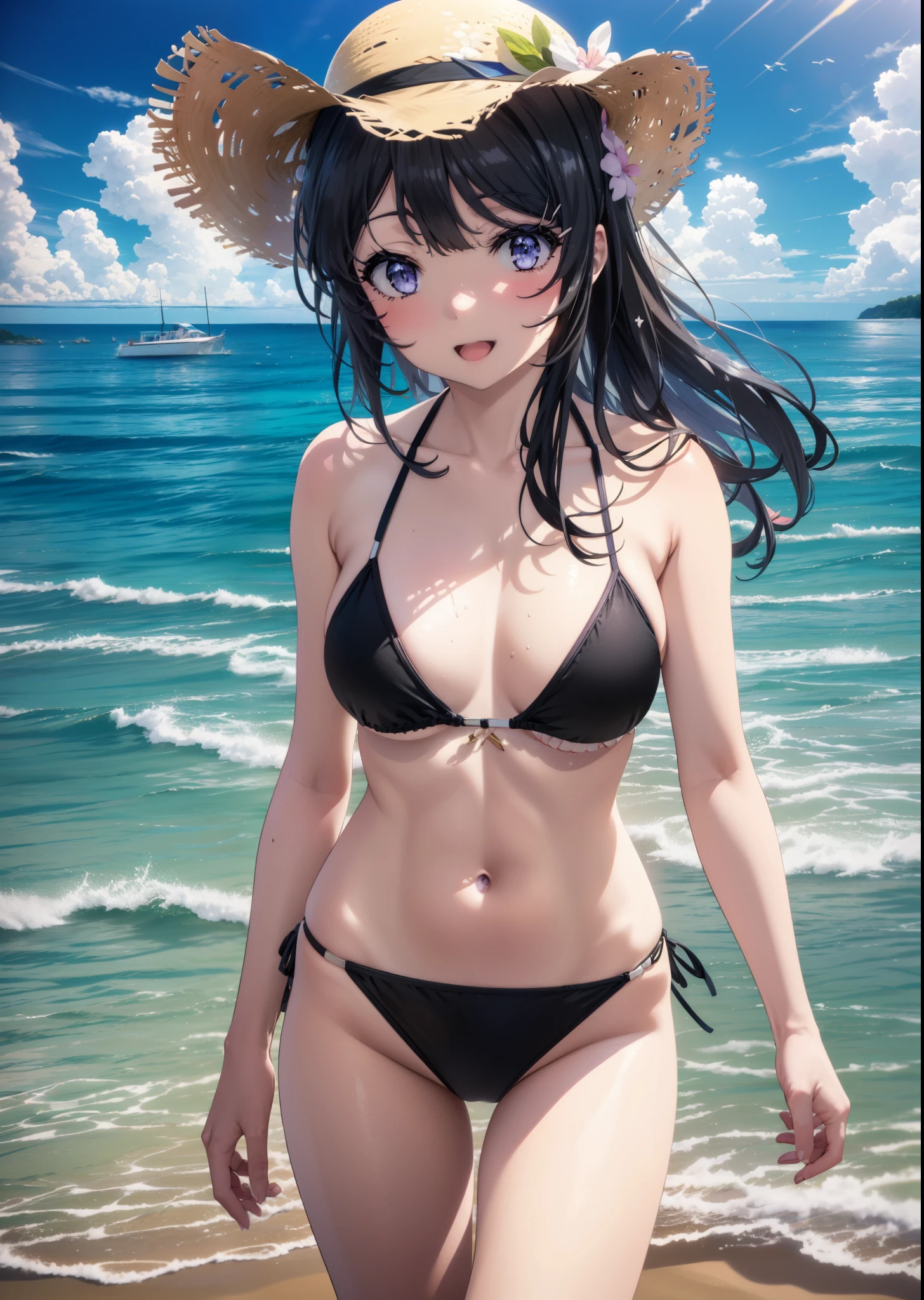 maisakurajima, mai sakurajima, Long Hair, bangs, (Black Hair:1.5), hair ornaments, (Purple eyes:1.1), Black Bikini Swimsuit,barefoot,Straw hat,Walking,True Summer,Strolling on the sandy beach,happy smile, smile, Open your mouth,whole bodyがイラストに入るように,
break outdoors, ビーチ
break looking at viewer,whole body, (Cowboy Shot:1.5),
break (masterpiece:1.2), Highest quality, High resolution, unity 8k wallpaper, (figure:0.8), (Beautiful attention to detail:1.6), Highly detailed face, Perfect lighting, Highly detailed CG, (Perfect hands, Perfect Anatomy),